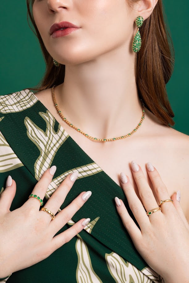 14KY TENNIS BEADED BEZEL EMERALD NECKLACE EM2.40CT