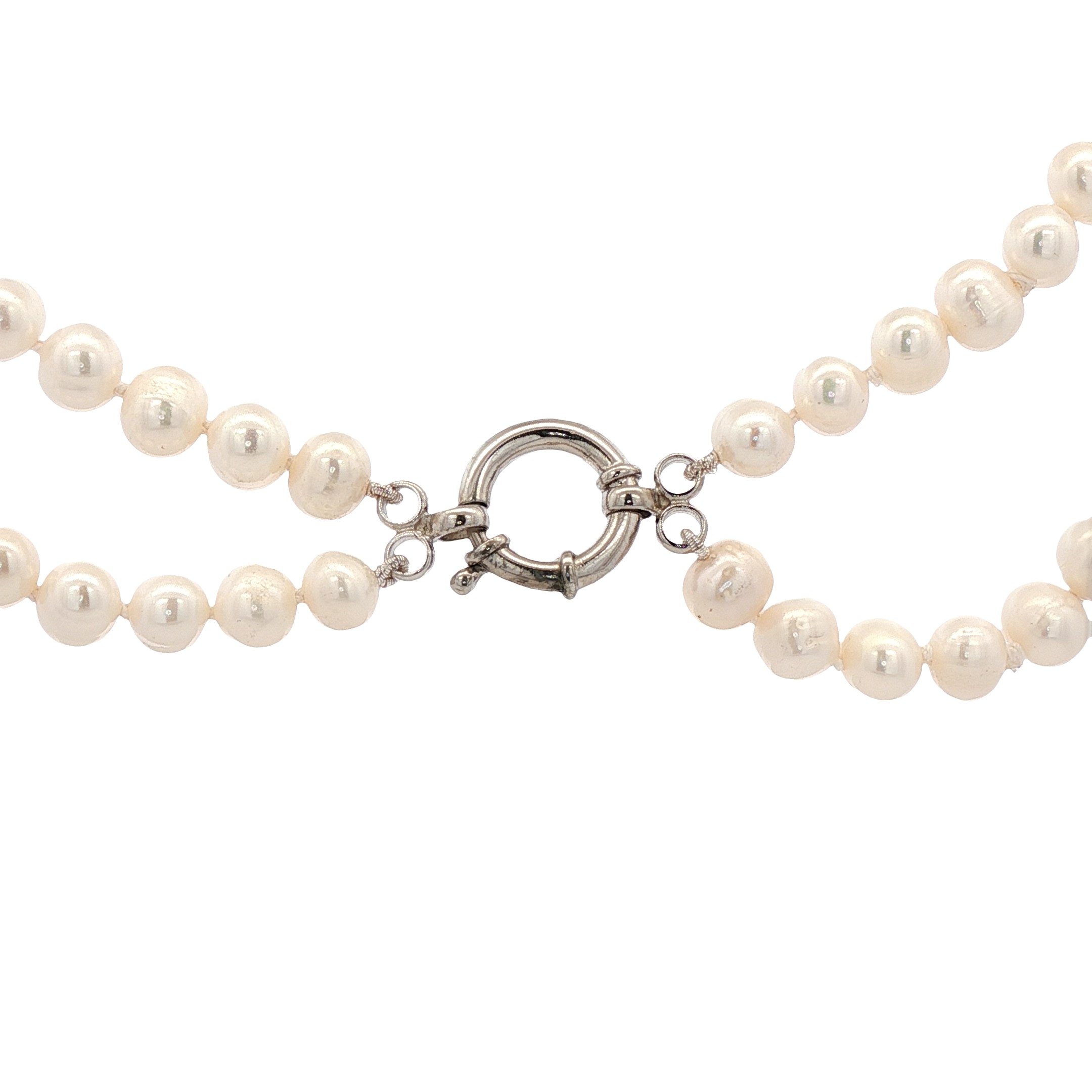 2 STRANDS PEARL 7MM SPRING TING CLASP NECKLACE