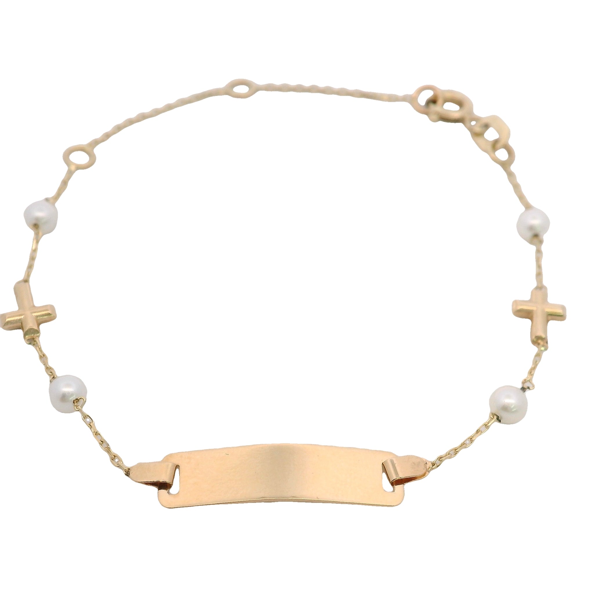 Pulsera de Oro Amarillo 14K con Perla y Cruz