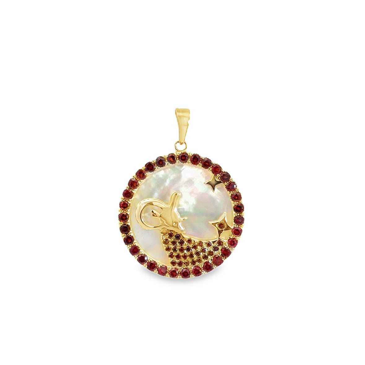 14KY CAPRICORN ZODIAC MOP AND GARNET CHARM ST7.07CT - C'SANTOS