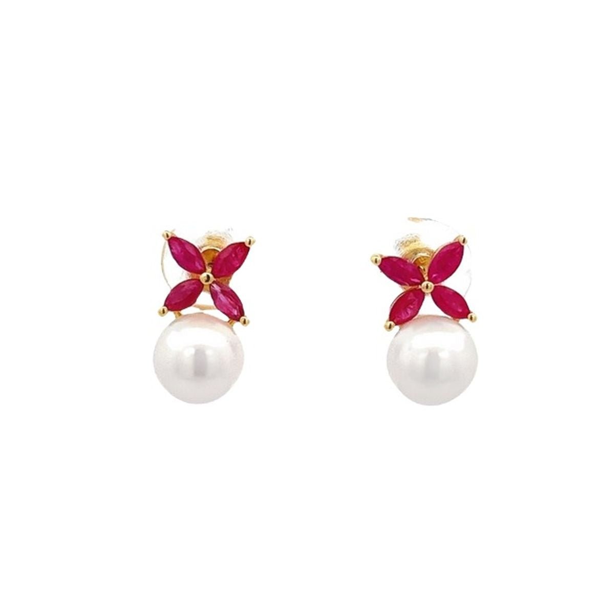 14KY EARRINGS WITH WHITE PEARL AND PINK FLOWER - C'SANTOS