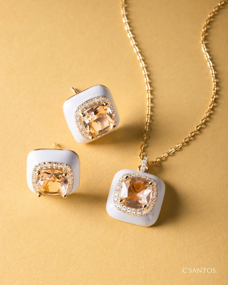 925YG BIG SQUARE CHAMPAGE CZ ENAMEL WHITE EARRINGS