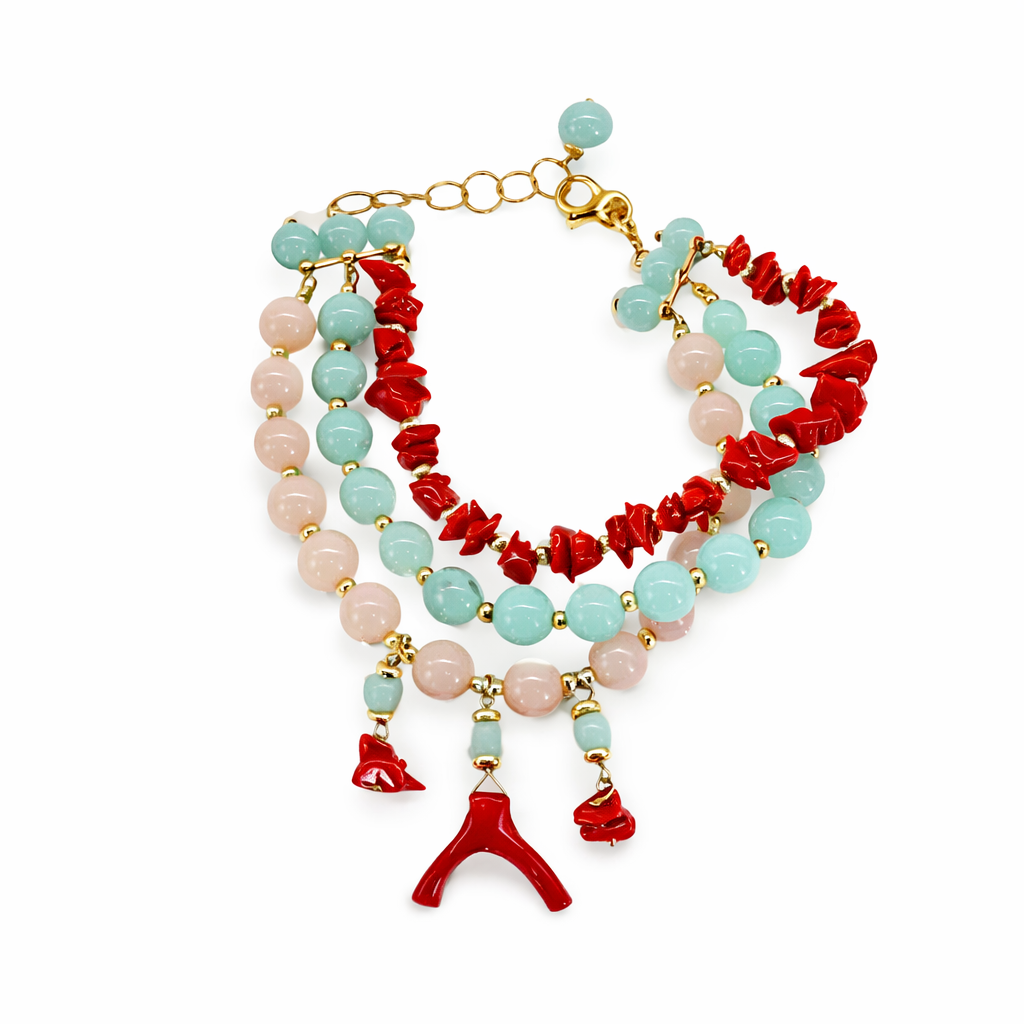 Pulsera de Tres Hilos con Jade y Coral