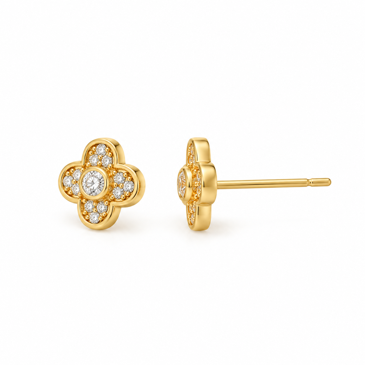 Aretes Trébol en Oro Amarillo 14K con Circonias