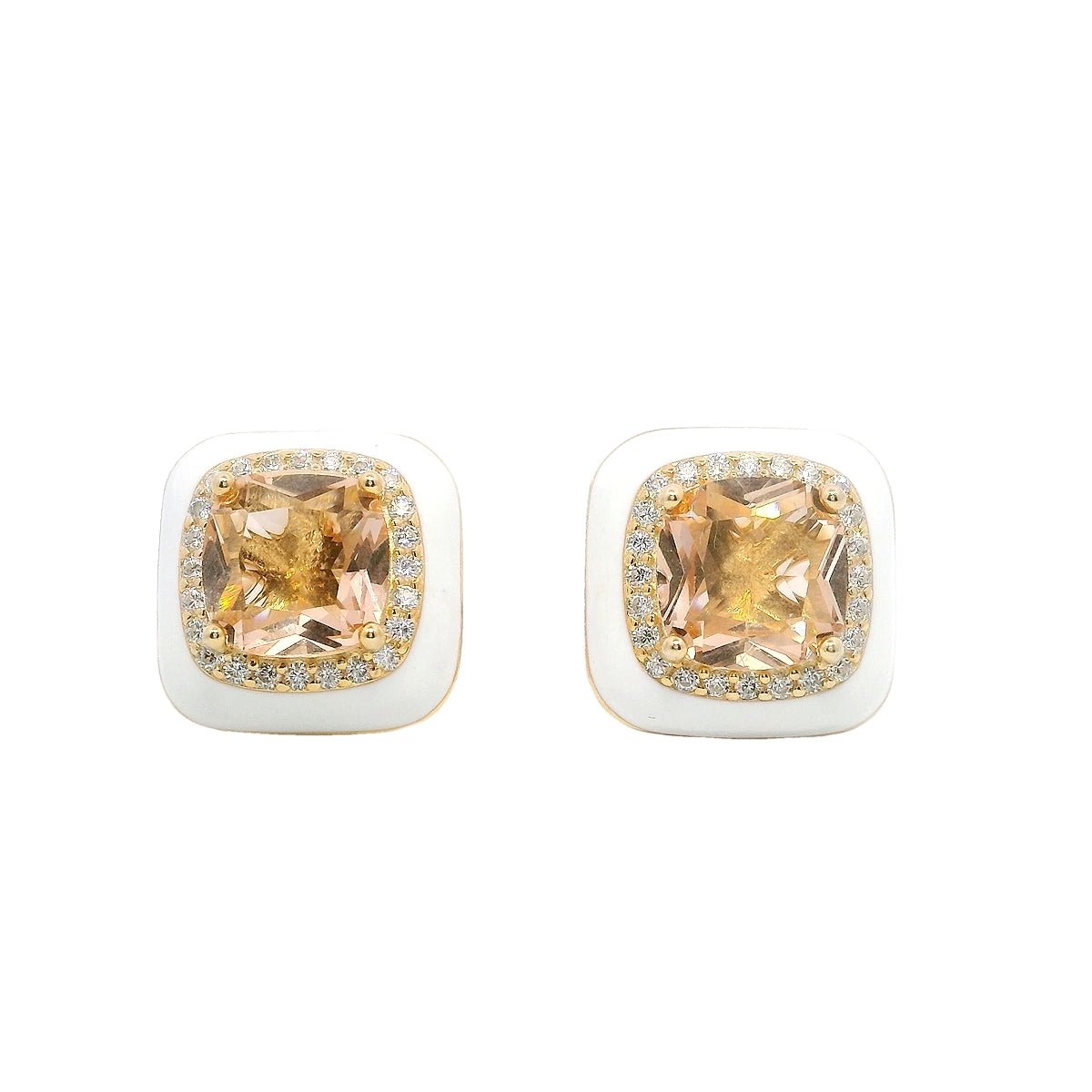 925GD BIG SQUARE CHAMPAGE CZ ENAMEL WHITE EARRINGS - C'SANTOS