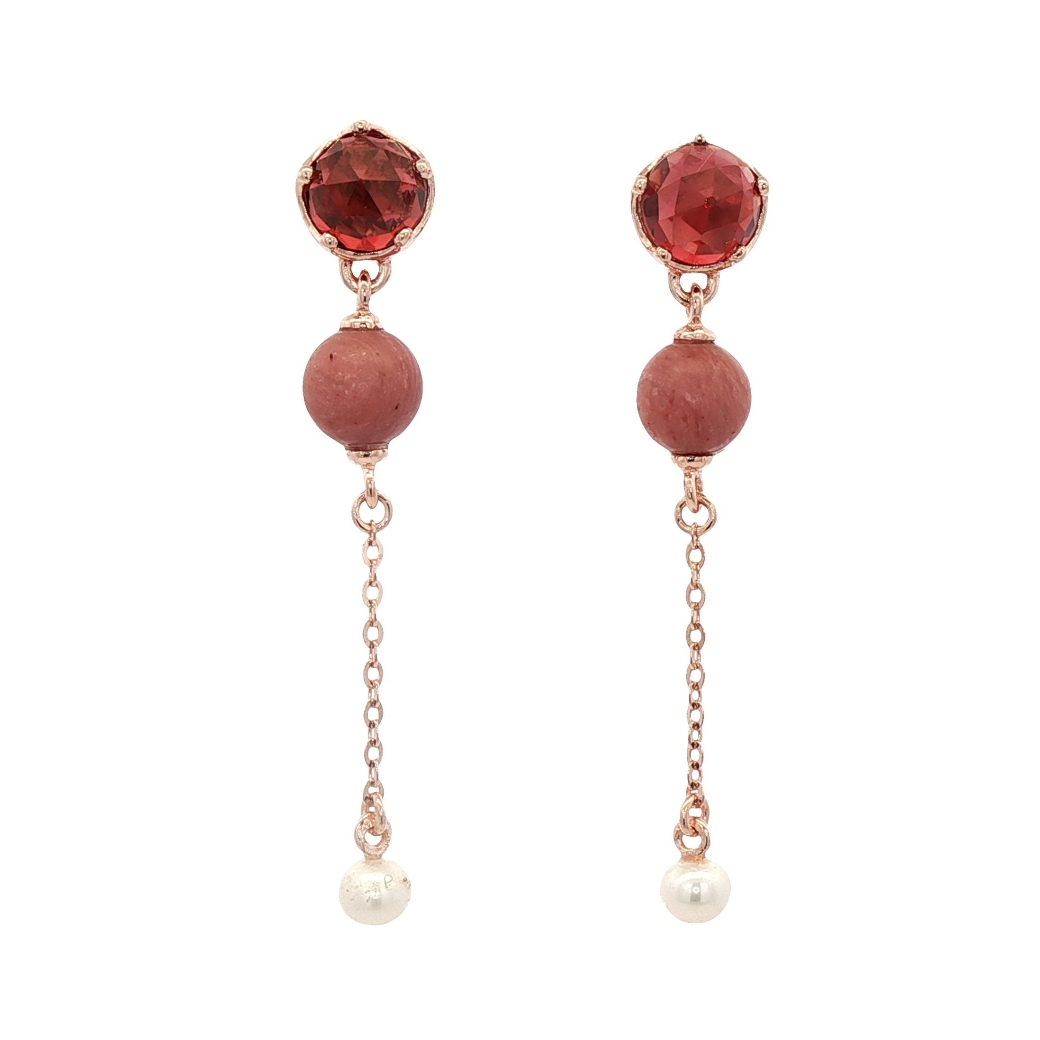 925RG STUD GARNET RHODONITE CHAIN PEARL EARRINGS - C'SANTOS