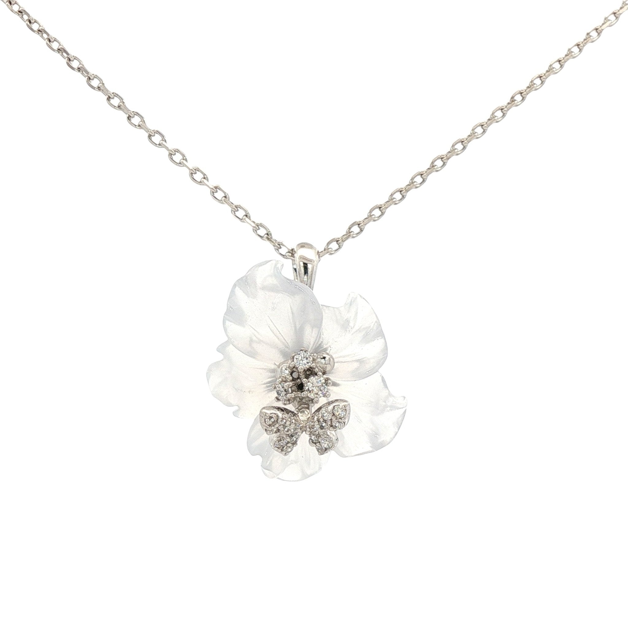 925SL CARVED ACRYLIC WHITE FLOWER TRANSLUCENT AND BUTTERFLY CZ NECKLACE - C'SANTOS