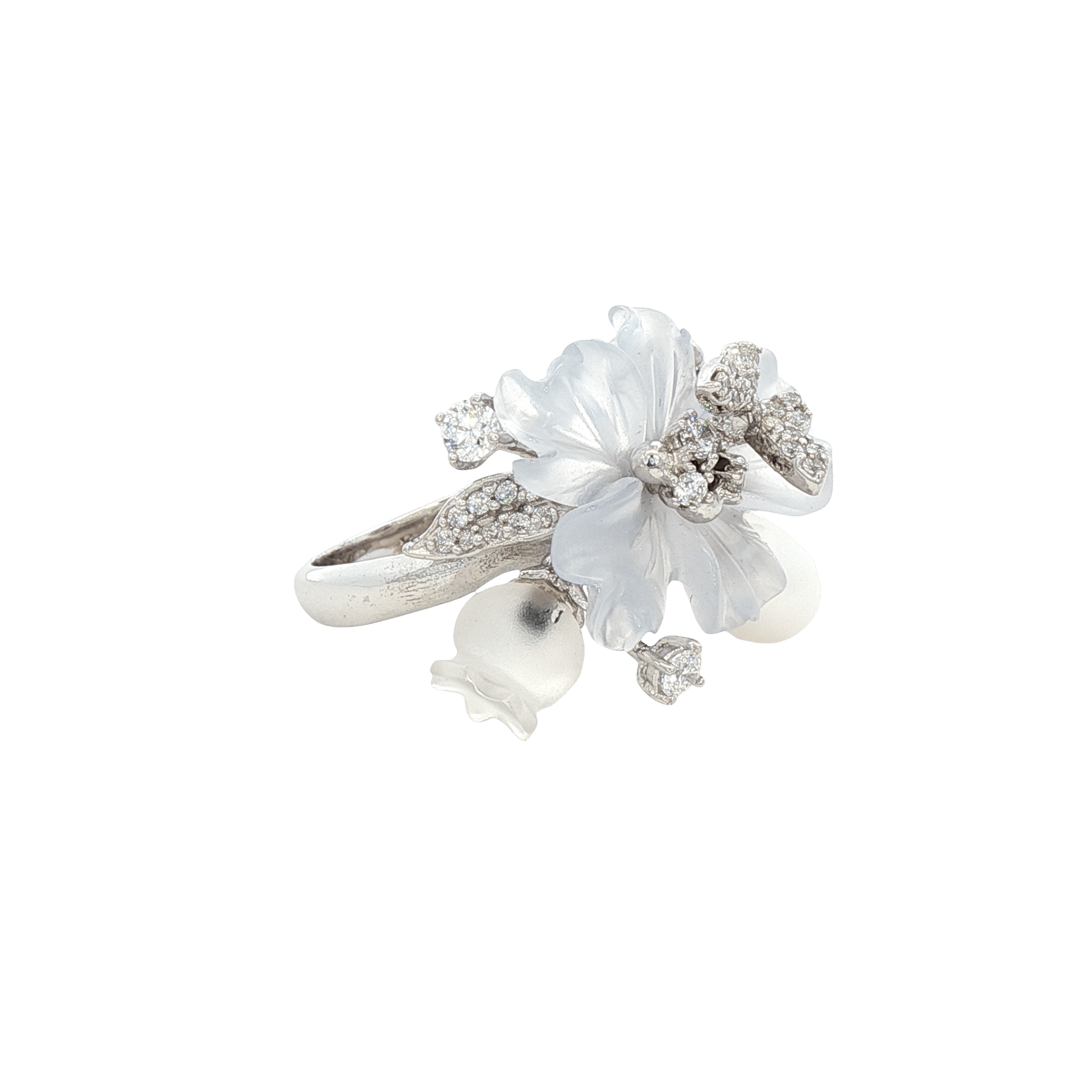 925SL CARVED ACRYLIC WHITE FLOWER TRANSLUCENT AND BUTTERFLY CZ RING T6 - C'SANTOS