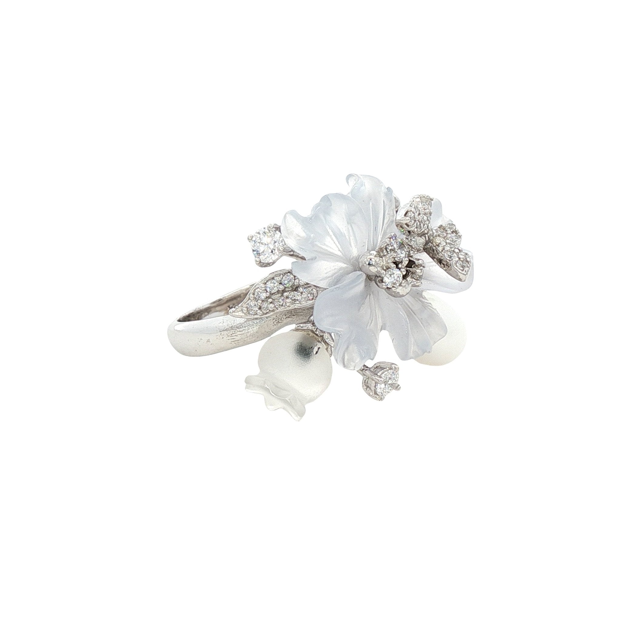 925SL CARVED ACRYLIC WHITE FLOWER TRANSLUCENT AND BUTTERFLY CZ RING T7 - C'SANTOS
