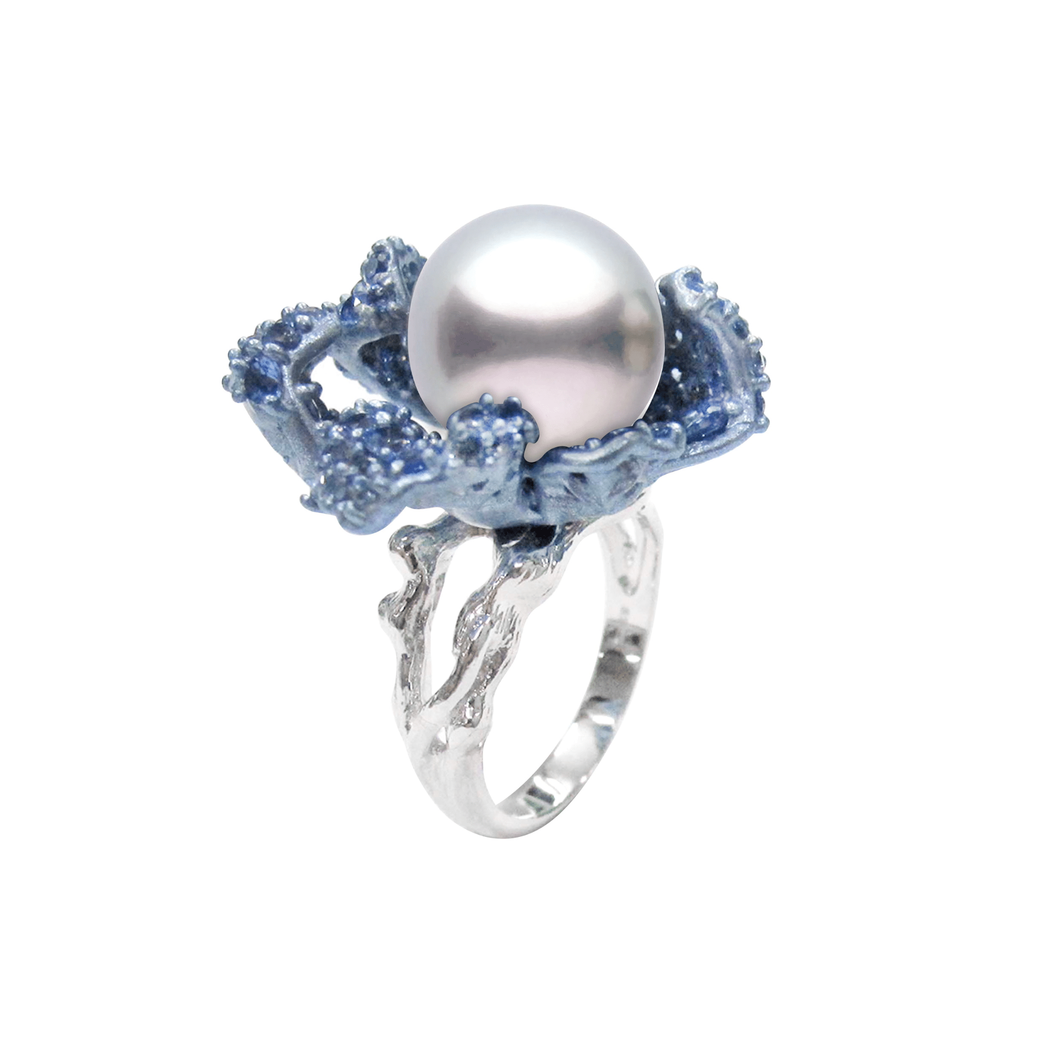 925SL FLOWER BLUE PAVE CENTER PEARL AND TOPAZ BLUE CZ RING T8 - C'SANTOS