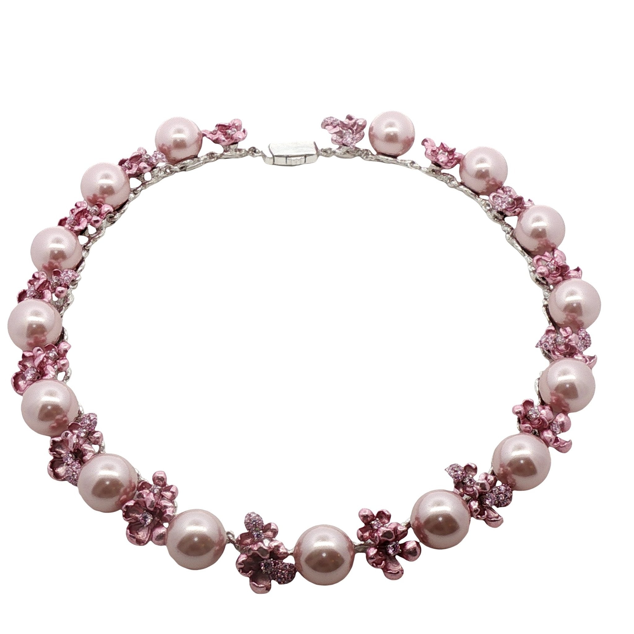 925SL FLOWERS ALUMINIUM PINK AND PEARLS PINK CZ NECKLACE - C'SANTOS