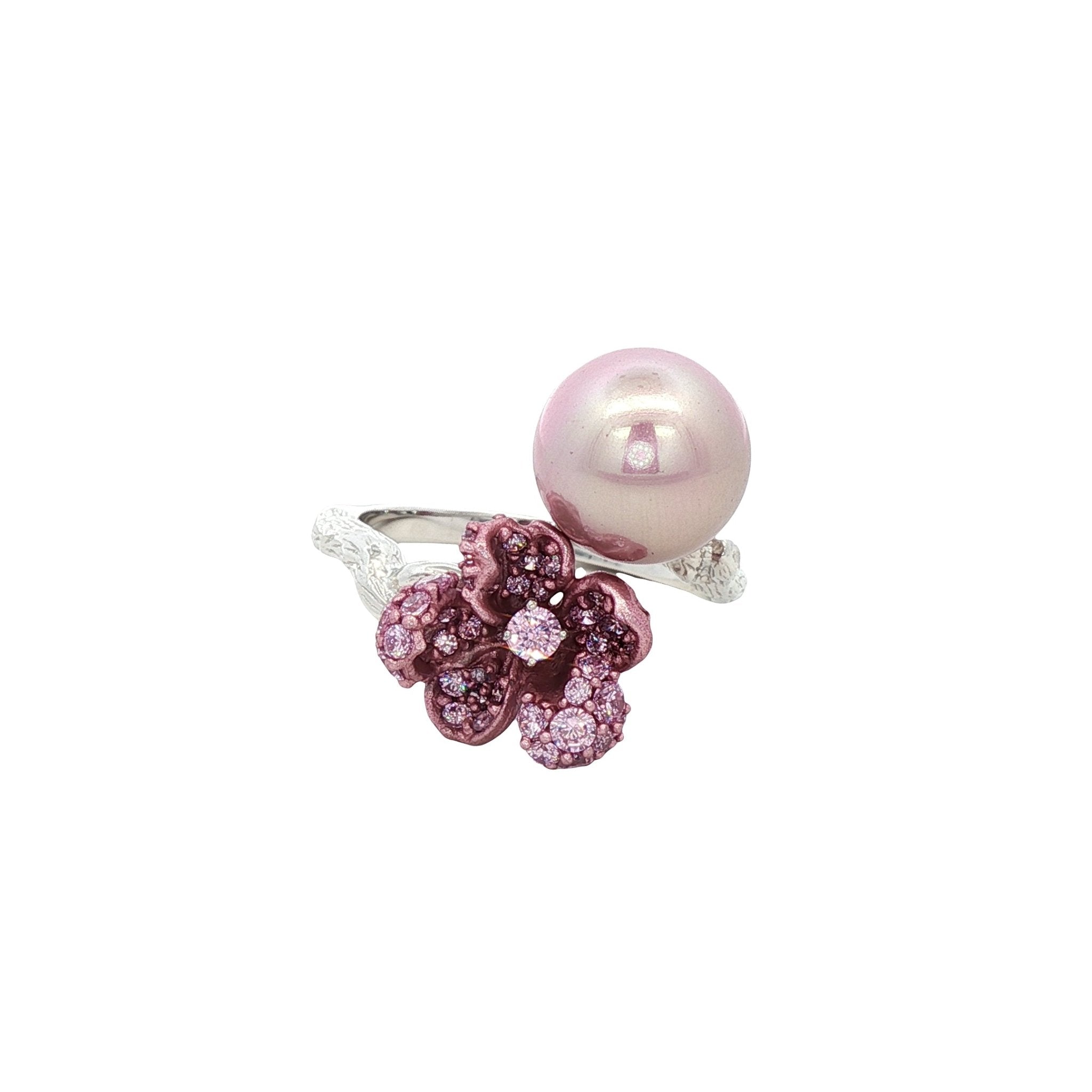 925SL MINI FLOWER PINK CZ AND PEARL PINK OPEN RING T7 - C'SANTOS