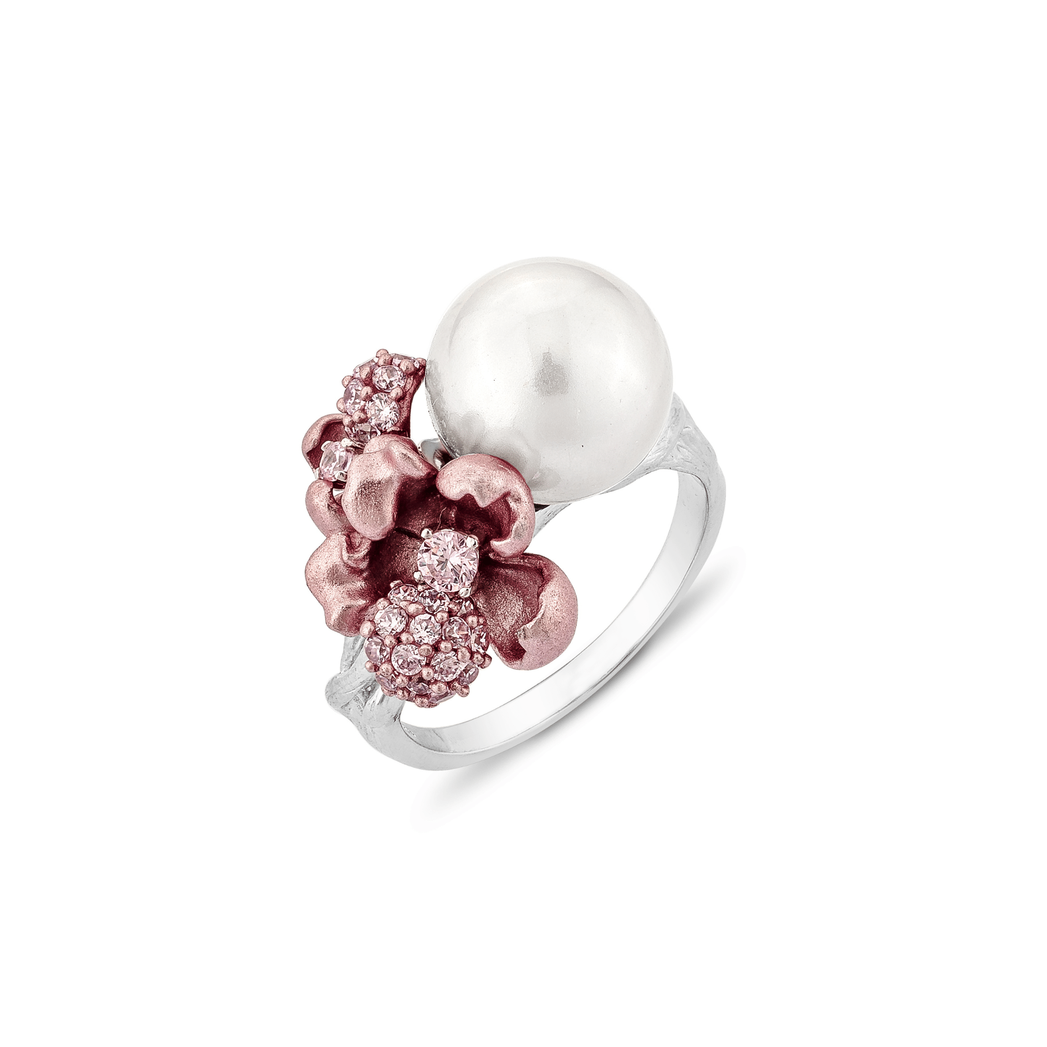925SL MINI FLOWER PINK CZ AND PEARL WHITE OPEN RING T8 - C'SANTOS