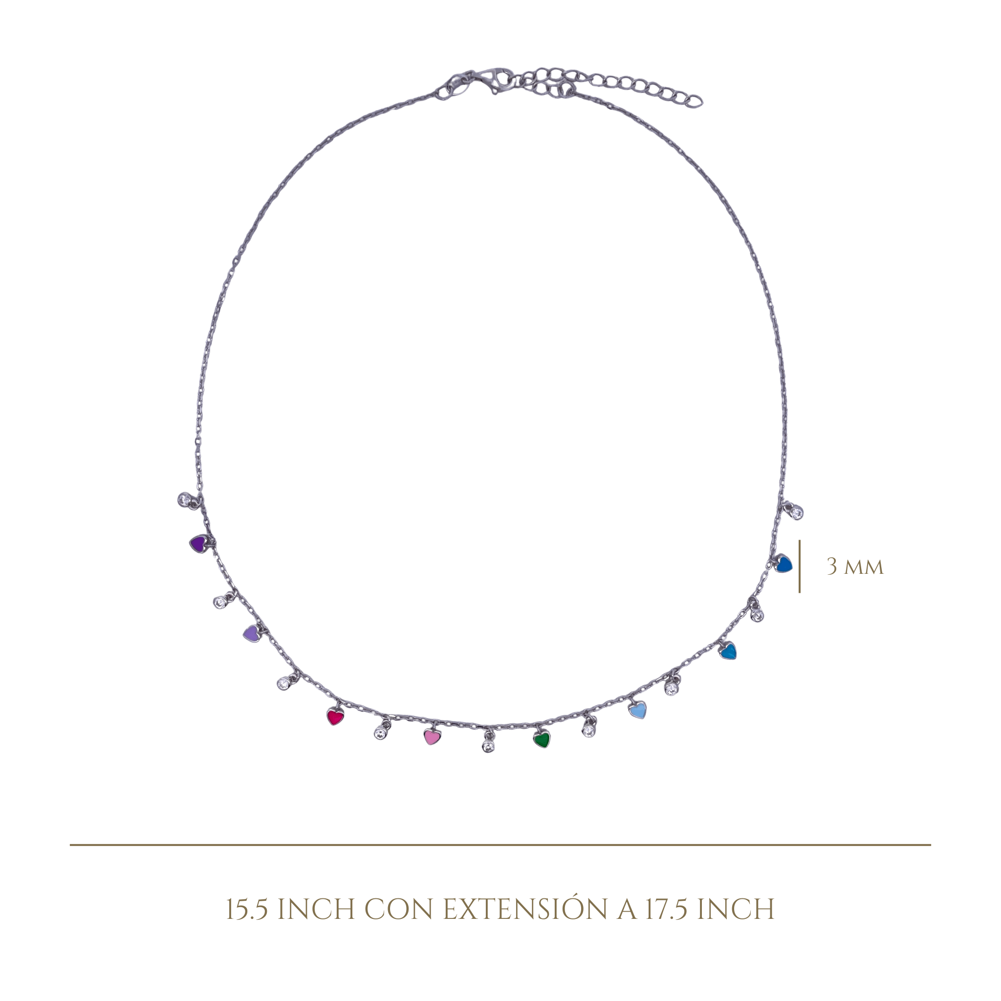 925SL MINI HEARTS WITH MINI BEZEL MULTICOLOR ENAMEL NECKLACE - C'SANTOS