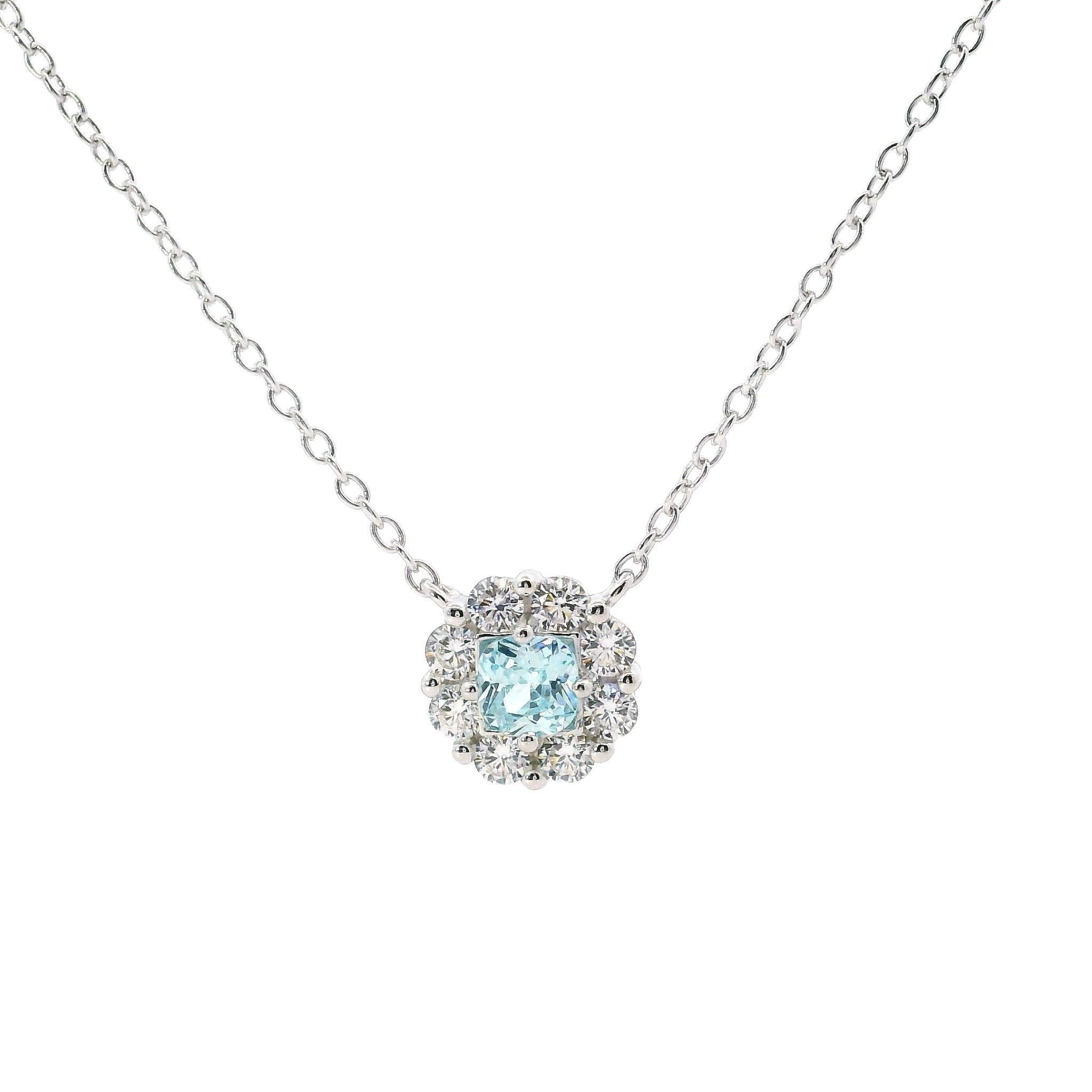 925SL ROUND HALO WHITE AQUA CZ NECKLACE - C'SANTOS