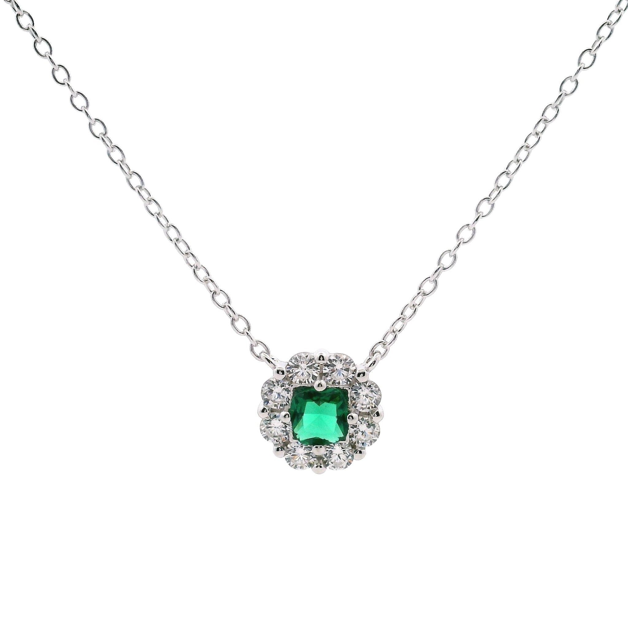 925SL ROUND HALO WHITE GREEN CZ NECKLACE - C'SANTOS