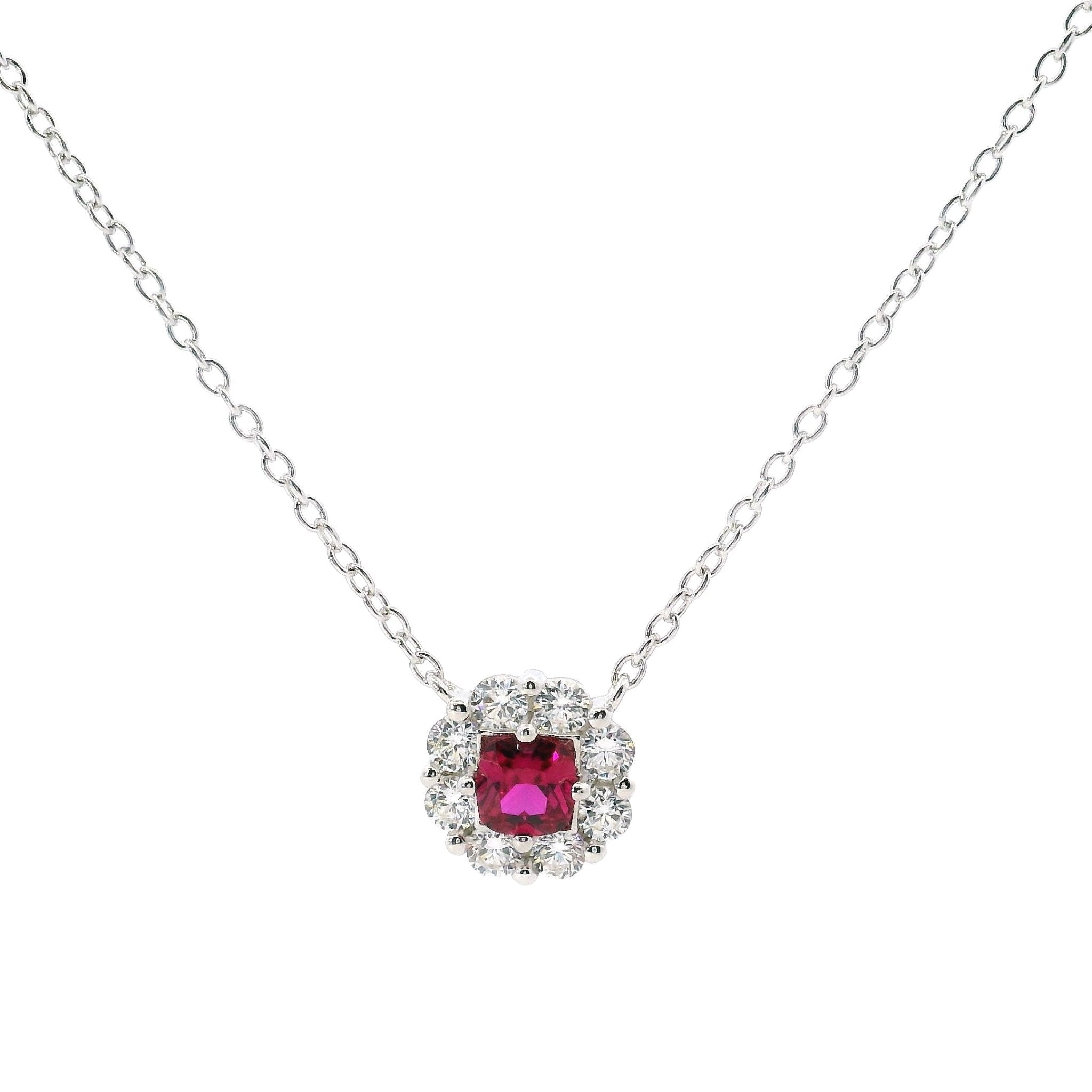 925SL ROUND HALO WHITE PINKISH RED CZ NECKLACE - C'SANTOS