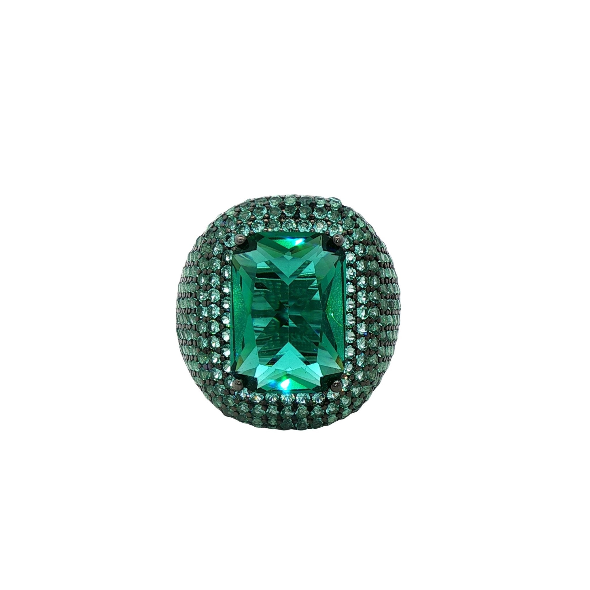 925SL SQUARE AND HALO PAVE GREEN CZ RING - C'SANTOS