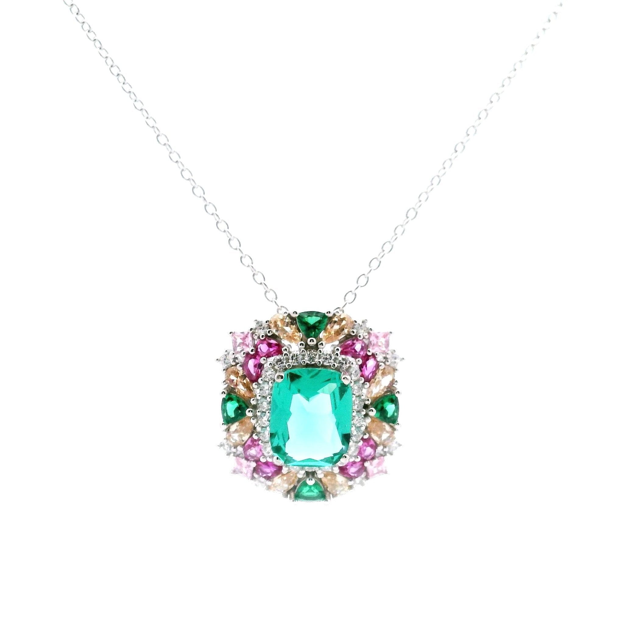 925SL SQUARE GREEN WITH CLUSTER MULTICOLOR CZ NECKLACE - C'SANTOS