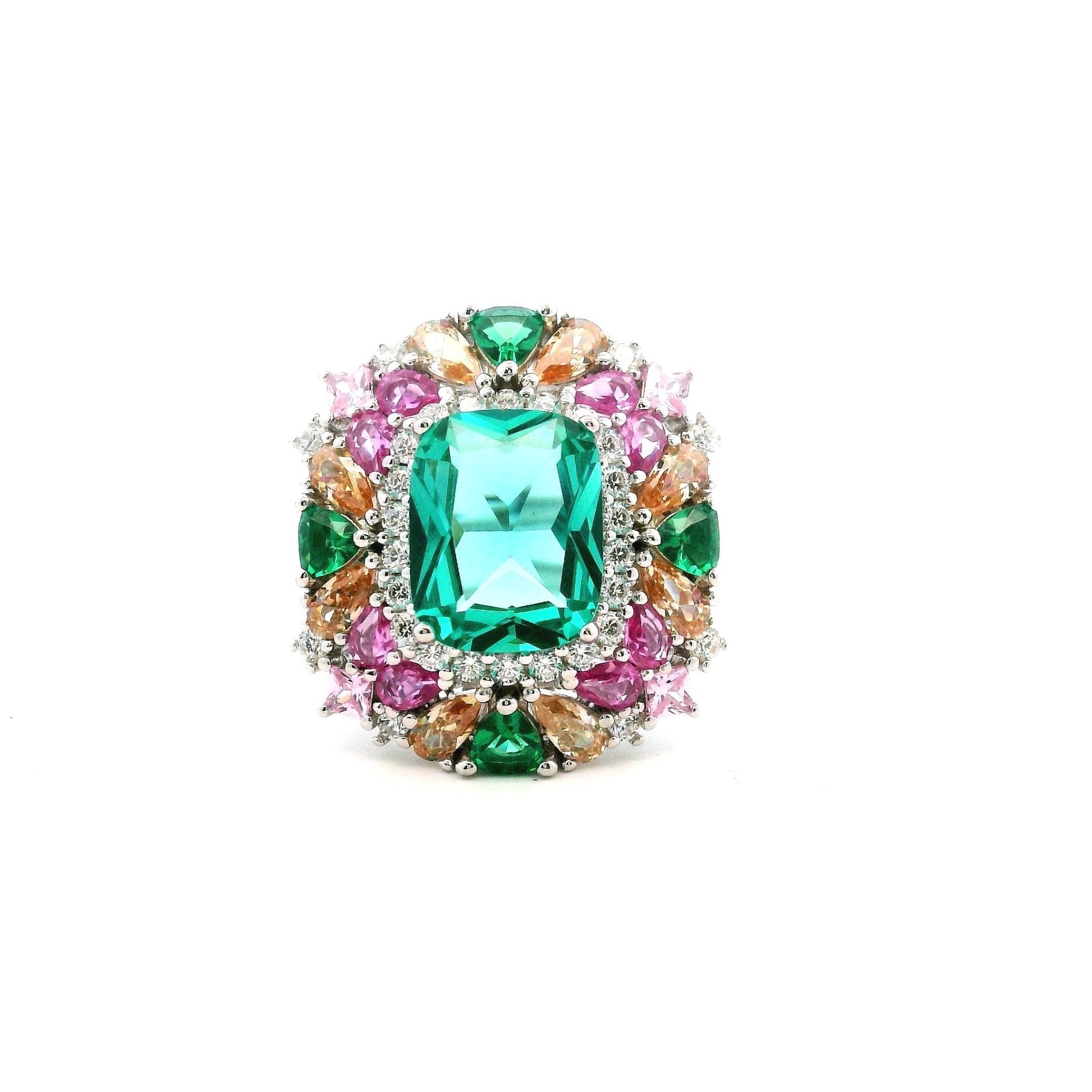 925SL SQUARE GREEN WITH CLUSTER MULTICOLOR CZ RING - C'SANTOS