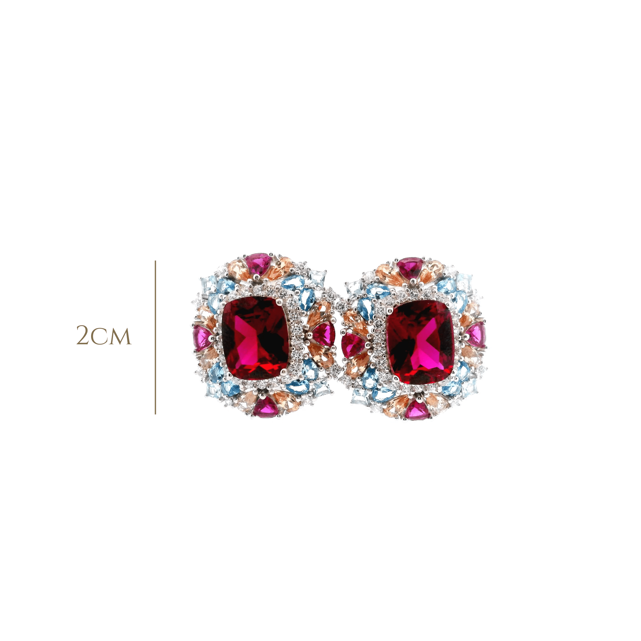 925SS SQUARE RED WITH CLUSTER MULTICOLOR CZ EARRINGS - C'SANTOS