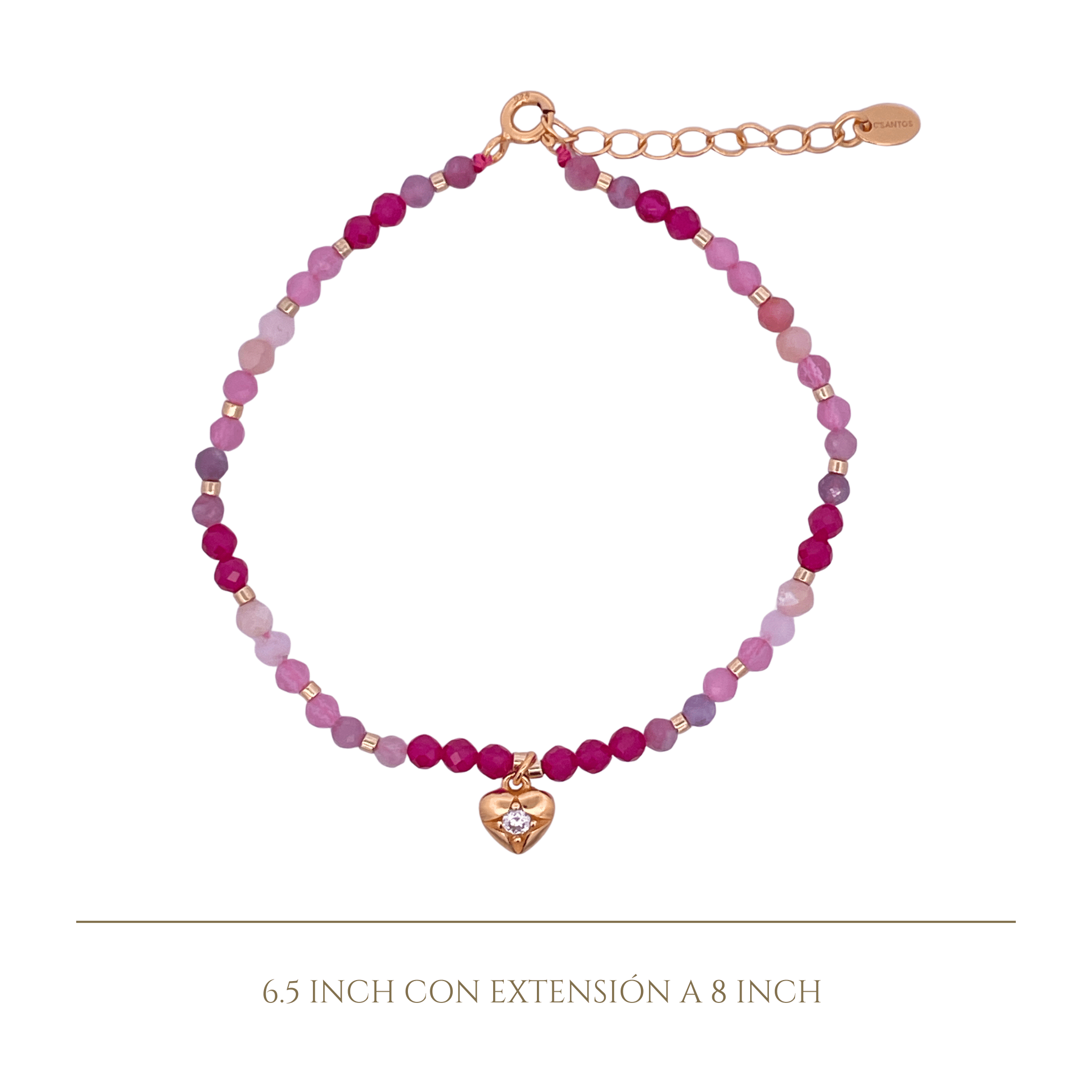 925YG BEANDS WITH SOLITARY HEART BRACELET PINK CATS EYE OP TOU PINK RUBY - C'SANTOS