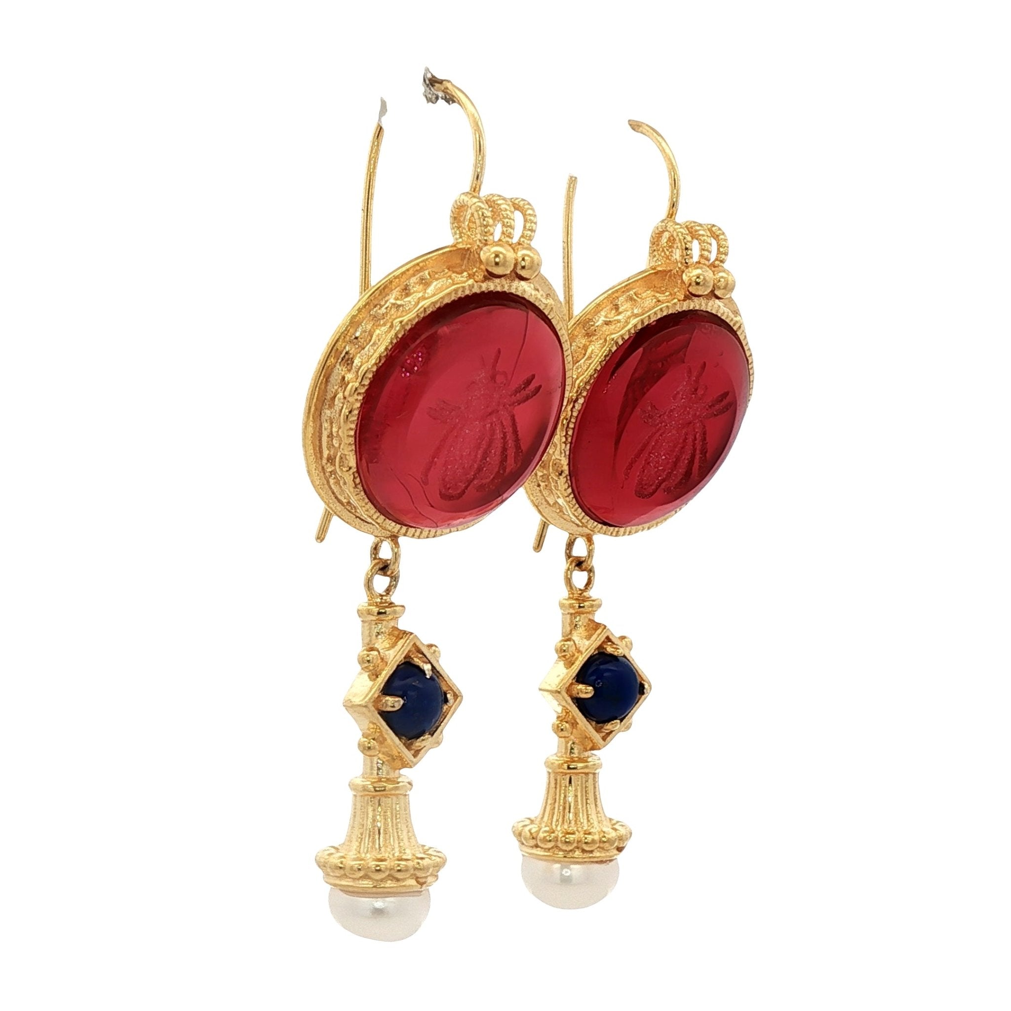 925YG BEE RED AND PEARL LAPIS LAZULI EARRINGS - C'SANTOS