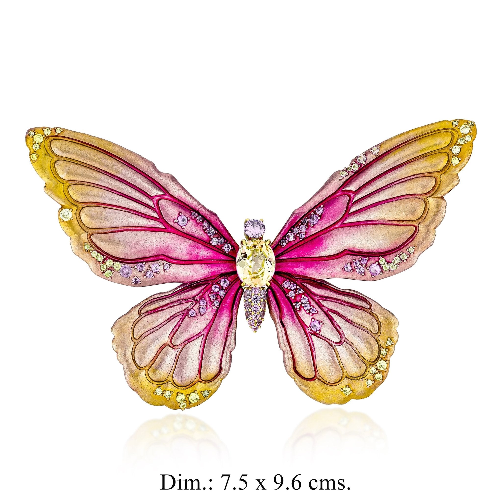 925YG BIG BUTTERFLY ALUMINIUM PINK YELLOW CENTER CANNARY PINK CZ BROOCH - C'SANTOS