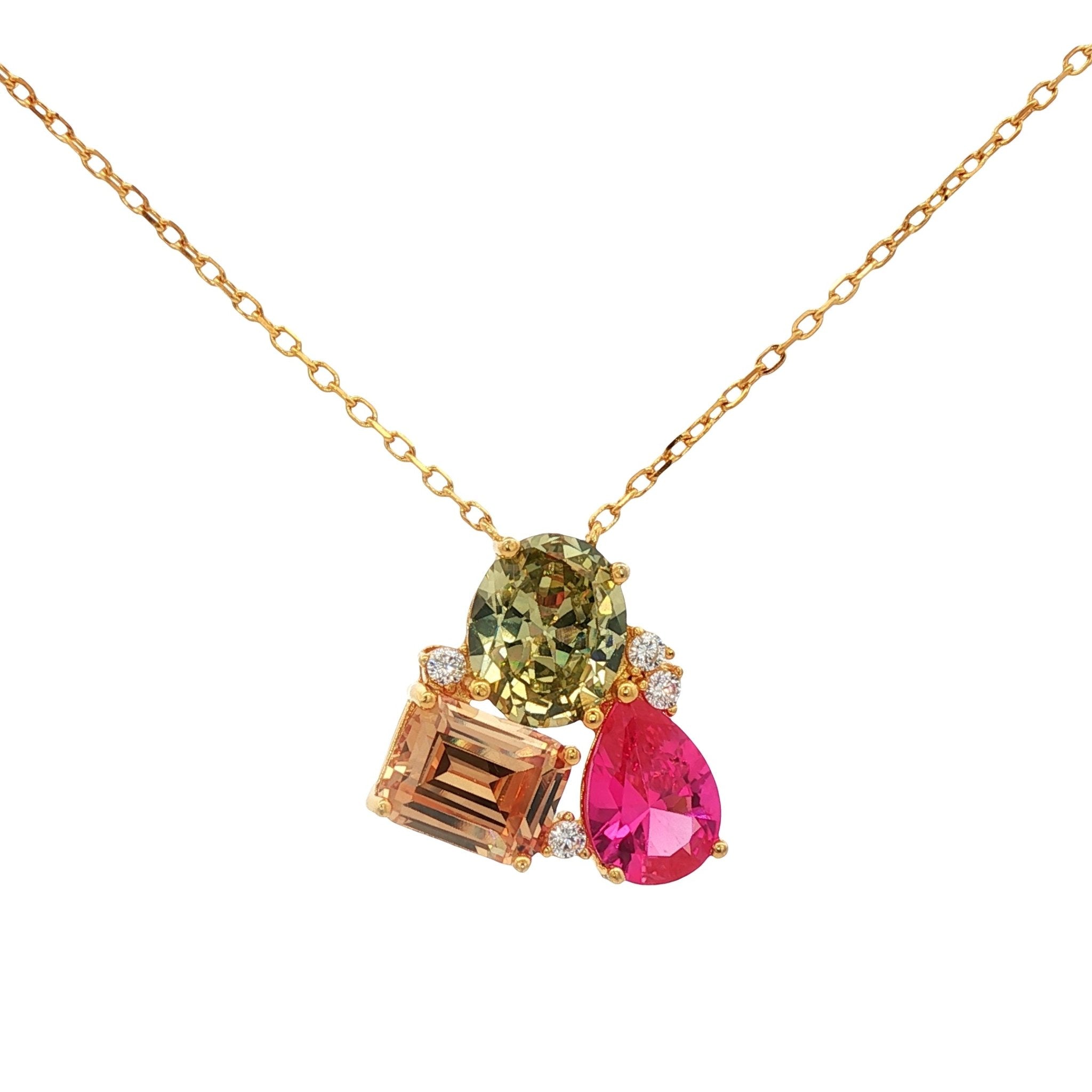 925YG CLUSTER CUSHION CHAMPAGE OVAL YELLOW CZ DROP RUBY NECKLACE - C'SANTOS