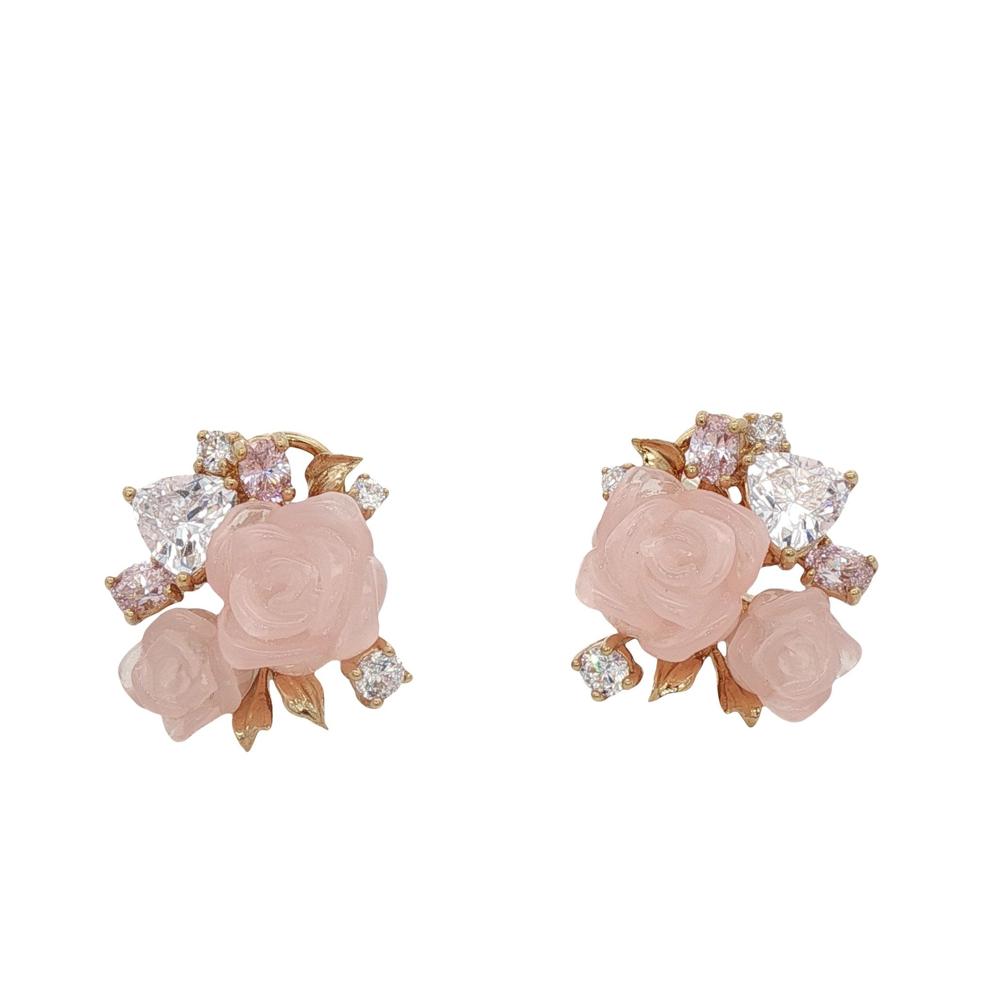 925YG CLUSTER FLOWER RESIN ROSE QUARTZ CANNARY WHITE CZ EARRINGS - C'SANTOS