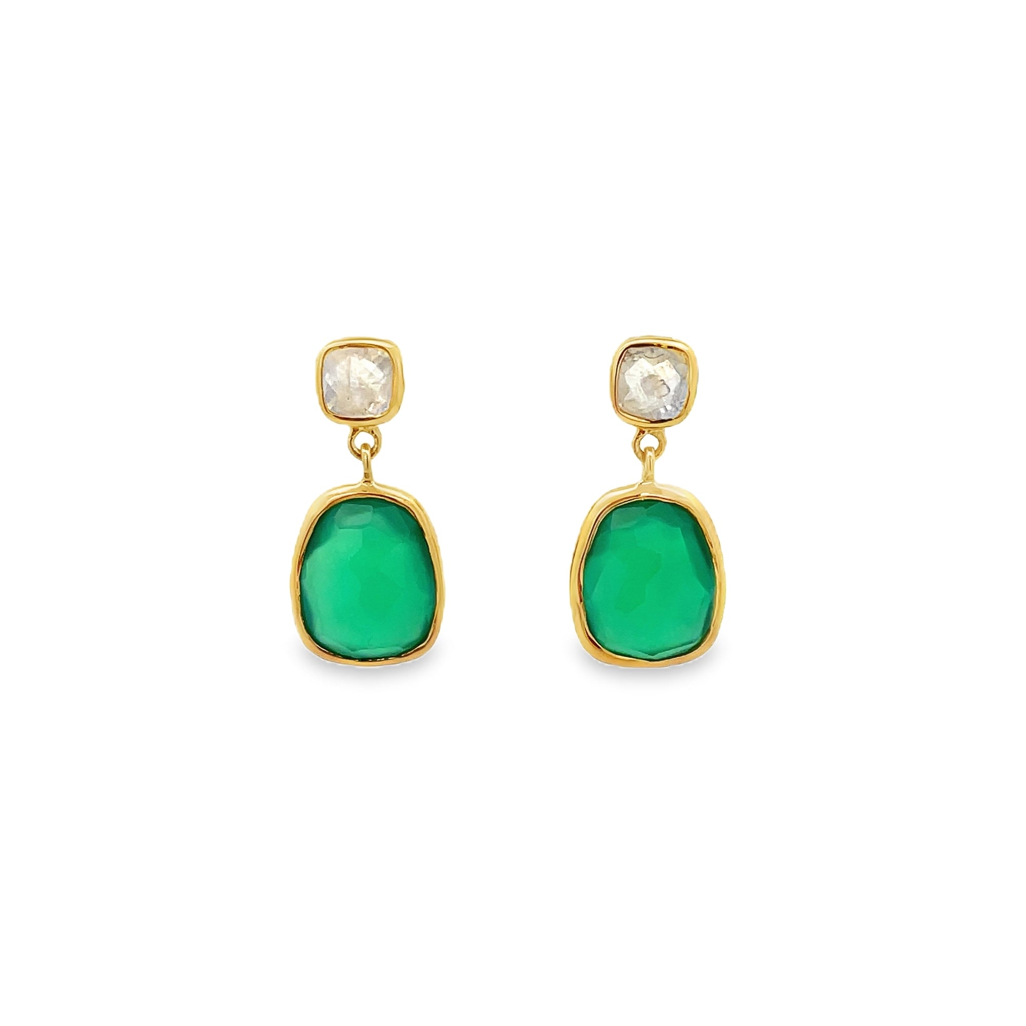 925YG CUSHION BEZEL MOONSTONE OVAL BEZEL ONYX GREEN EARRING - C'SANTOS
