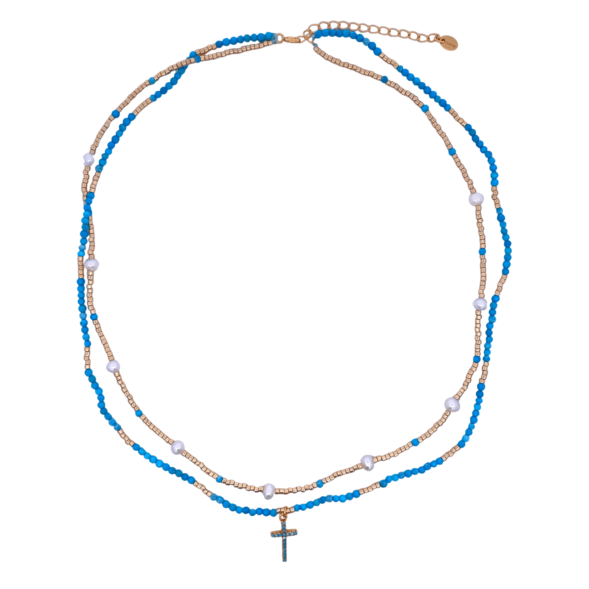925YG DOUBLE LINE AND CROSS NECKLACE TURQUOISE - C'SANTOS
