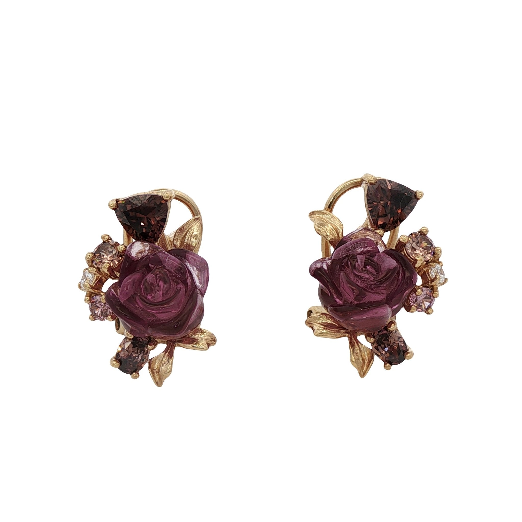925YG FLOWER RESIN AMETHYST BROWN WHITE CZ EARRINGS - C'SANTOS