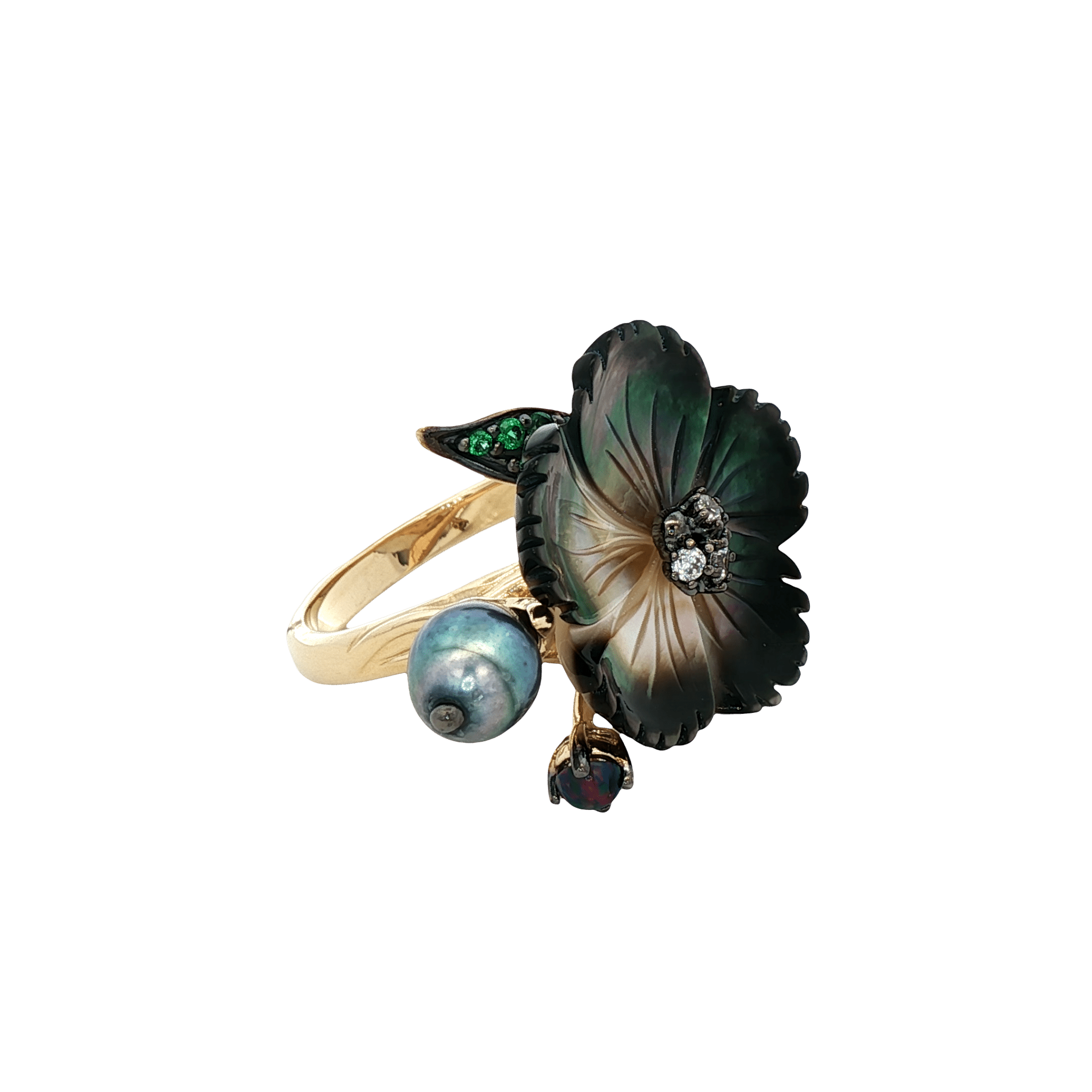 925YG FLOWER SHELL BLACK AND SYN OPAL PEAL BLACK GREY RING T8 - C'SANTOS