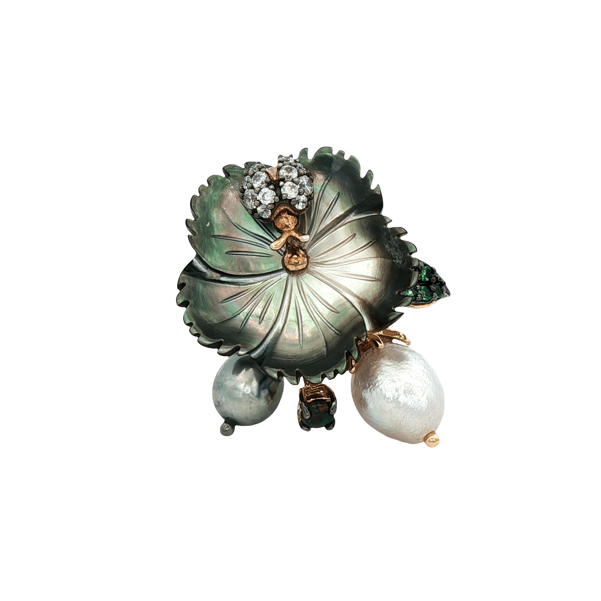 925YG FLOWER SHELL BLACK LADYBUG AND SYN OPAL PEAL BLACK GREY RING T8 - C'SANTOS