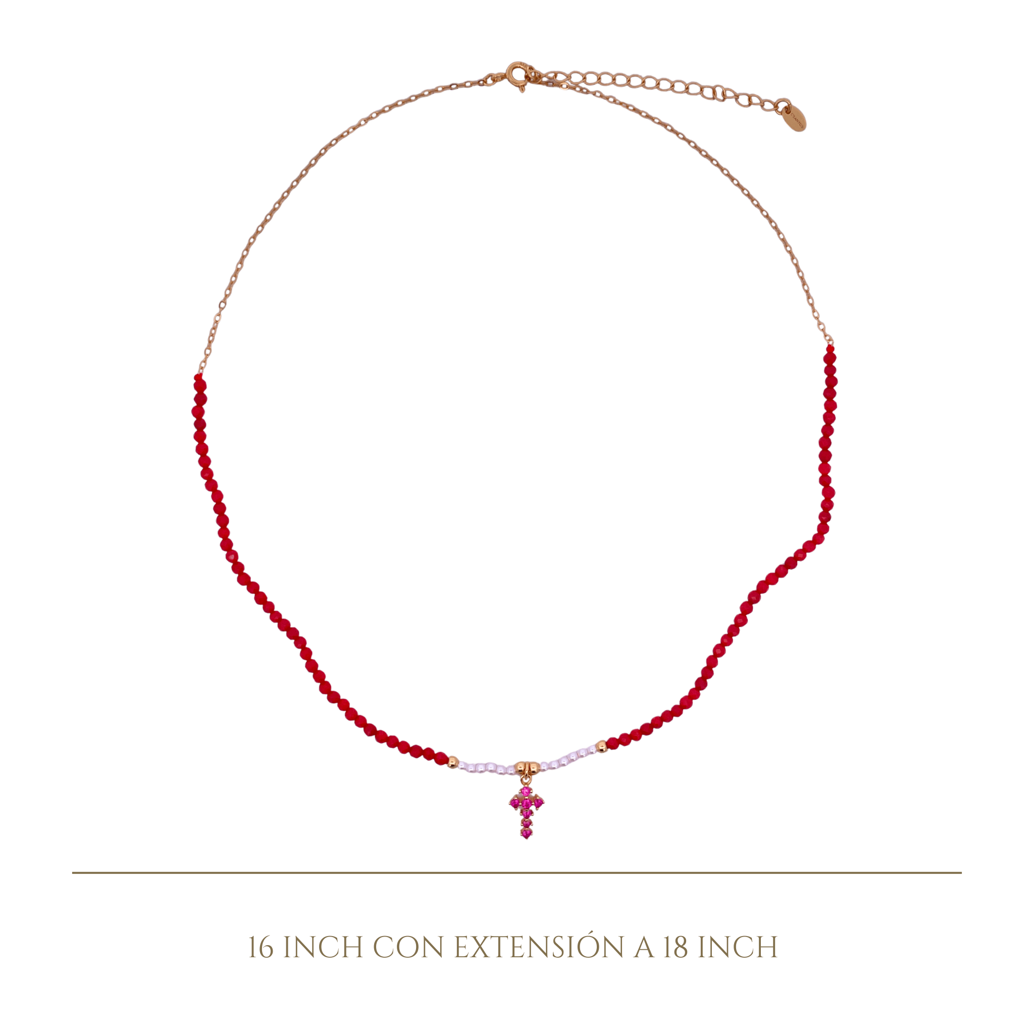 925YG HALF BEANDS WITH CROSS NECKLACE CORAL - C'SANTOS