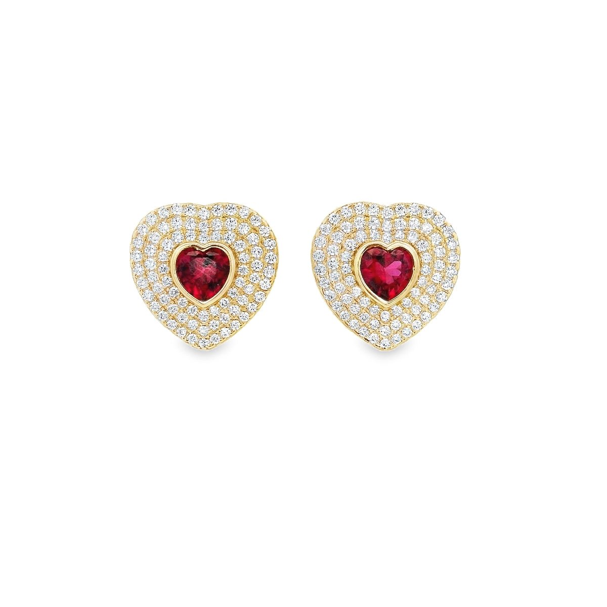 925YG HEART PAVE WITH HEART PINKISH RED CZ EARRINGS - C'SANTOS