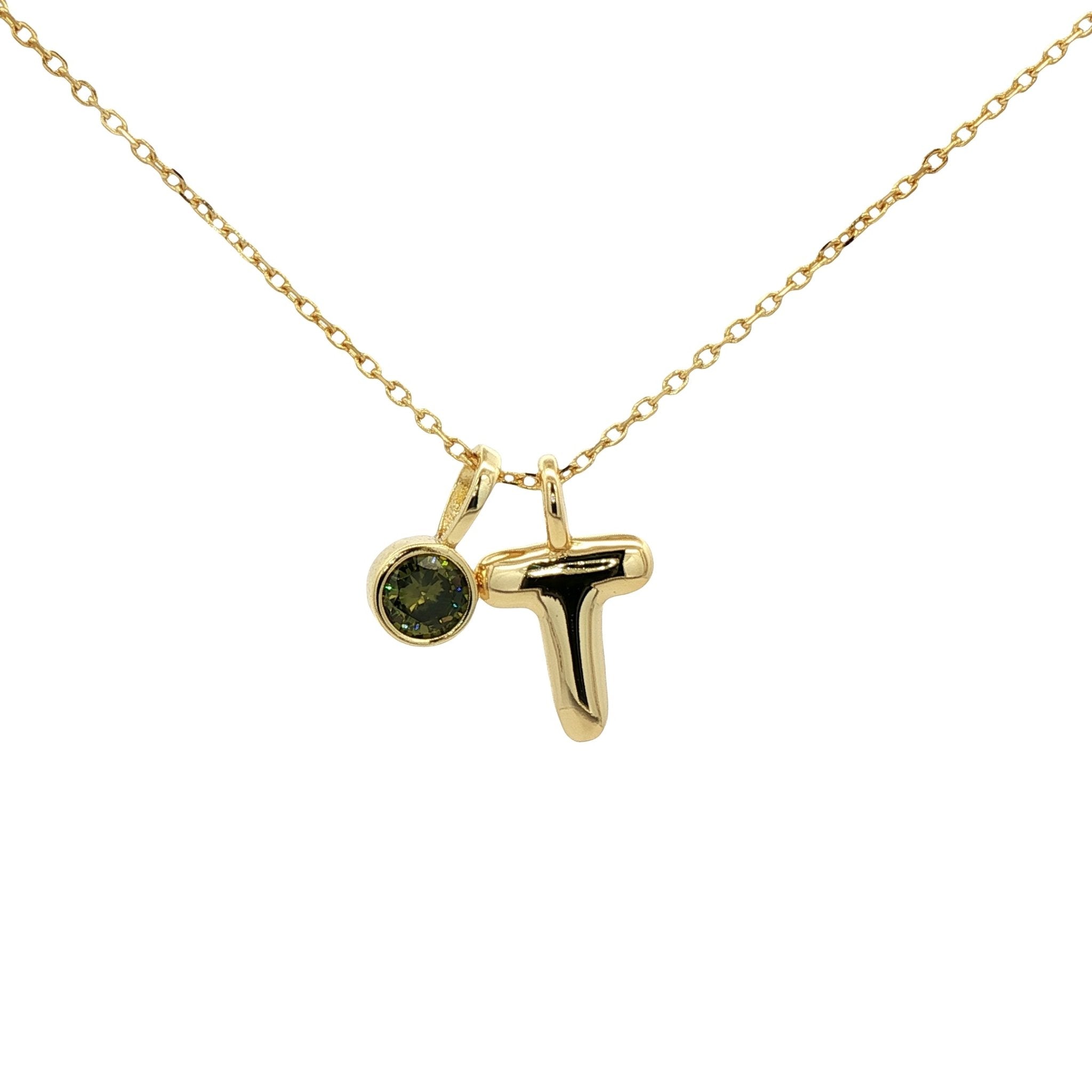 925YG INICIAL T PERIDOT CZ PENDANT NECKLACE - C'SANTOS