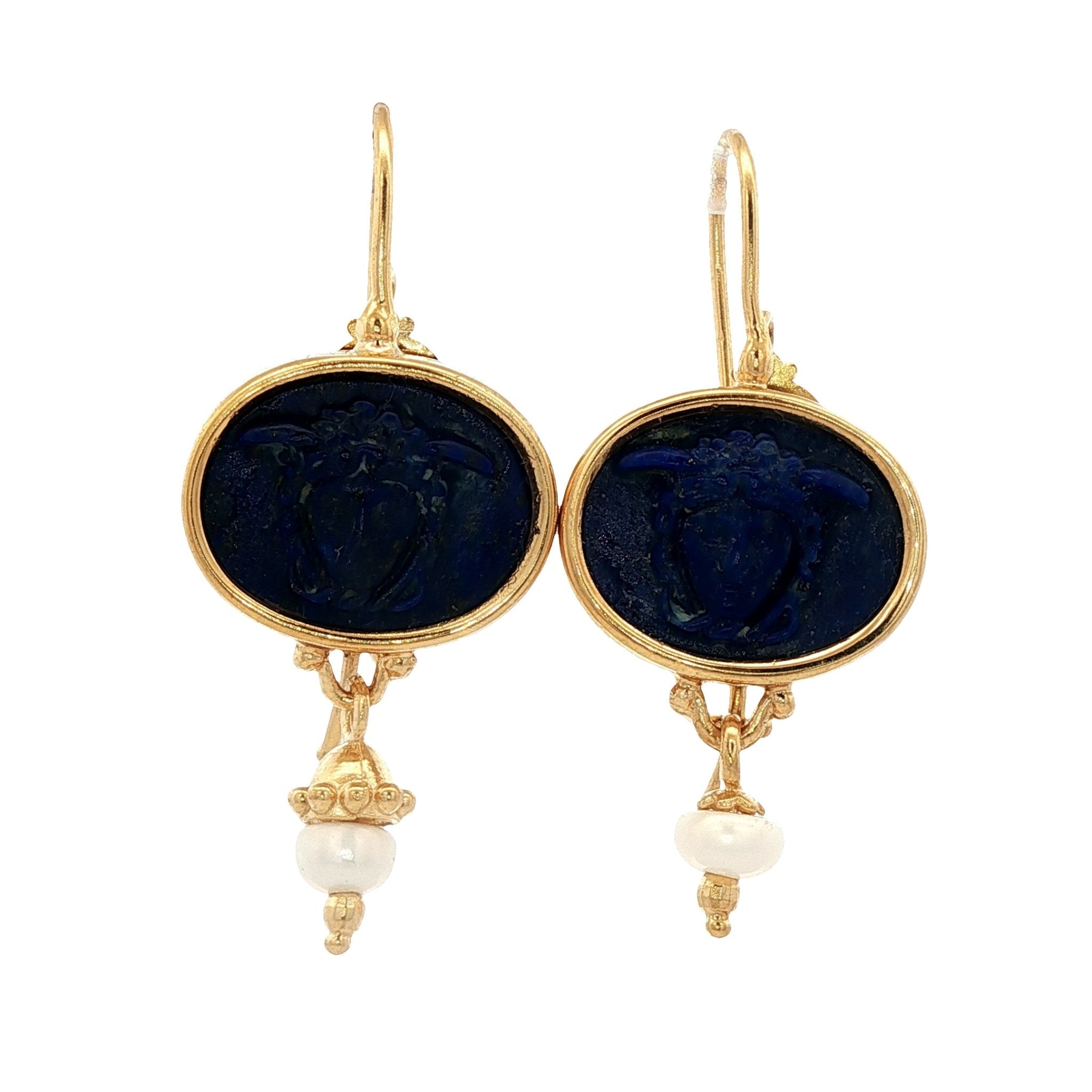 925YG MEDUSA LAPIS LAZULI AND PEARL EARRINGS - C'SANTOS