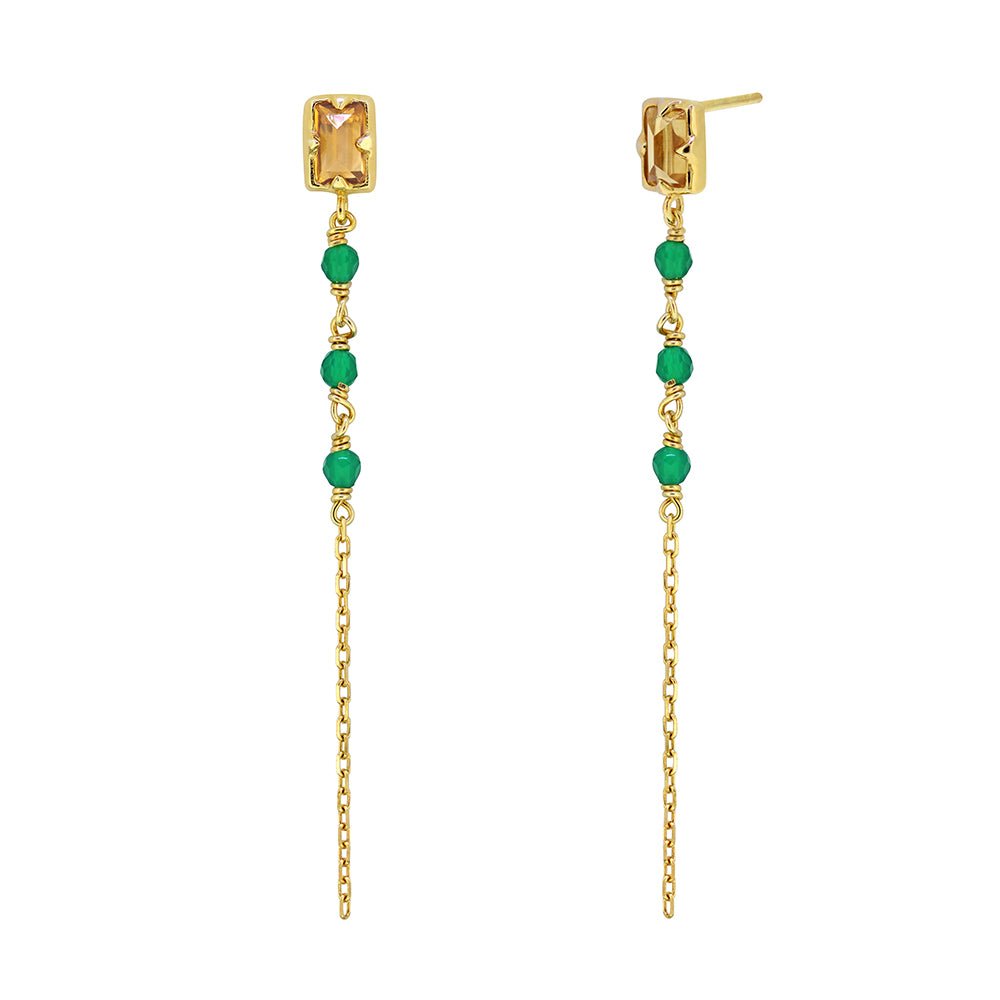 925YG MINI BAGUETTE CITRINE CHAIN BEANDS ONYX EARRINGS - C'SANTOS