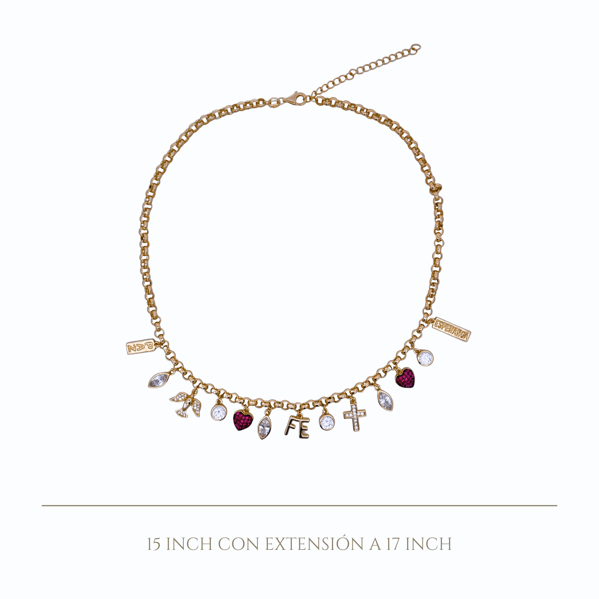 925YG MULTICHARMS RELIGIOUS HEART FUSHIA FE PAZ NECKLACE - C'SANTOS