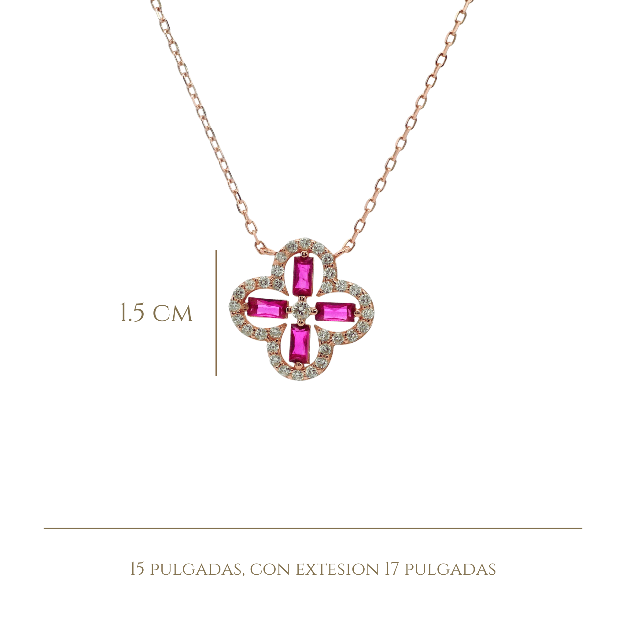 925YG OUTLINE CLOVER CZ FUSHIA NECKLACE - C'SANTOS
