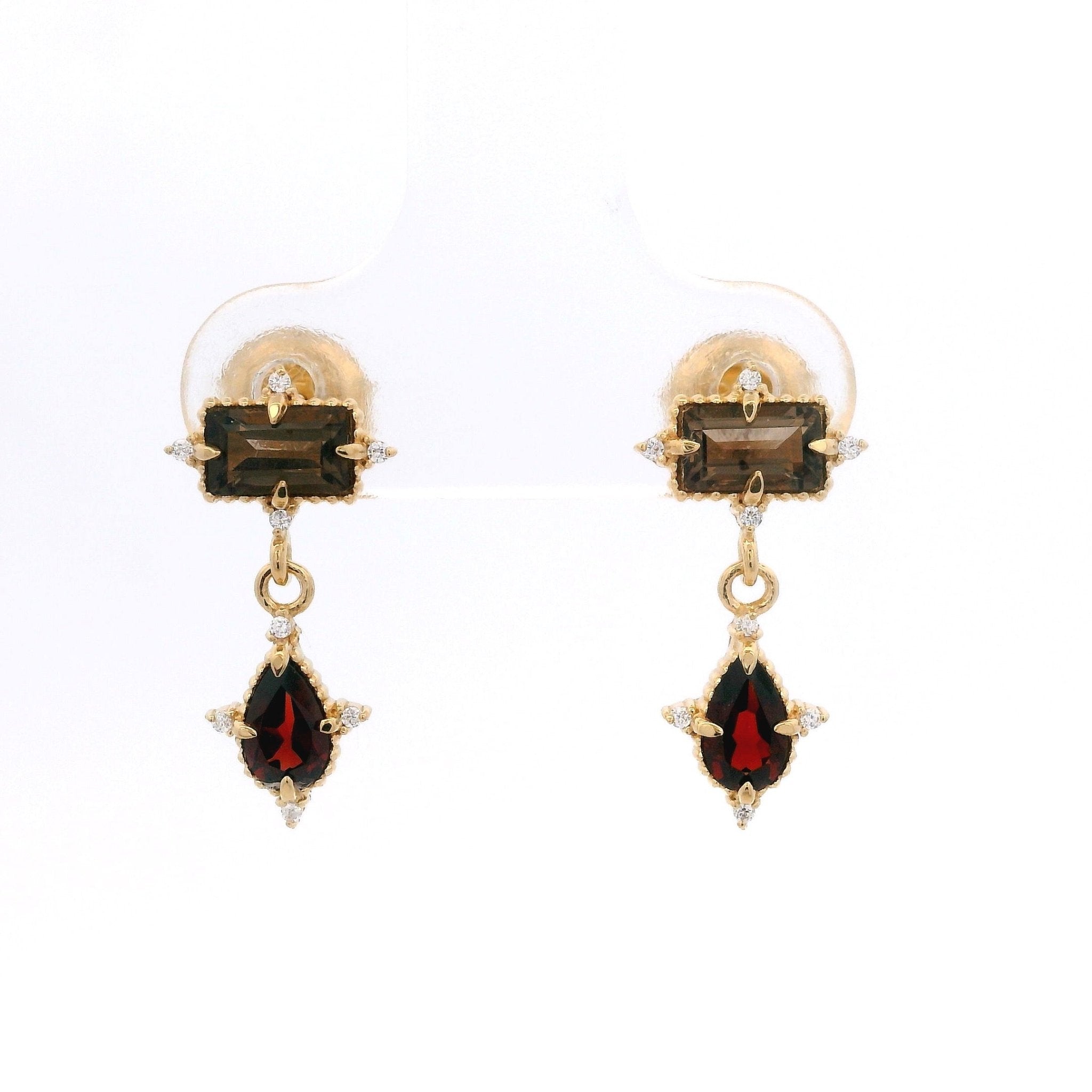 925YG RECTAGLE SMOKY QUARTZ DROP GARNET CZ EARRINGS - C'SANTOS