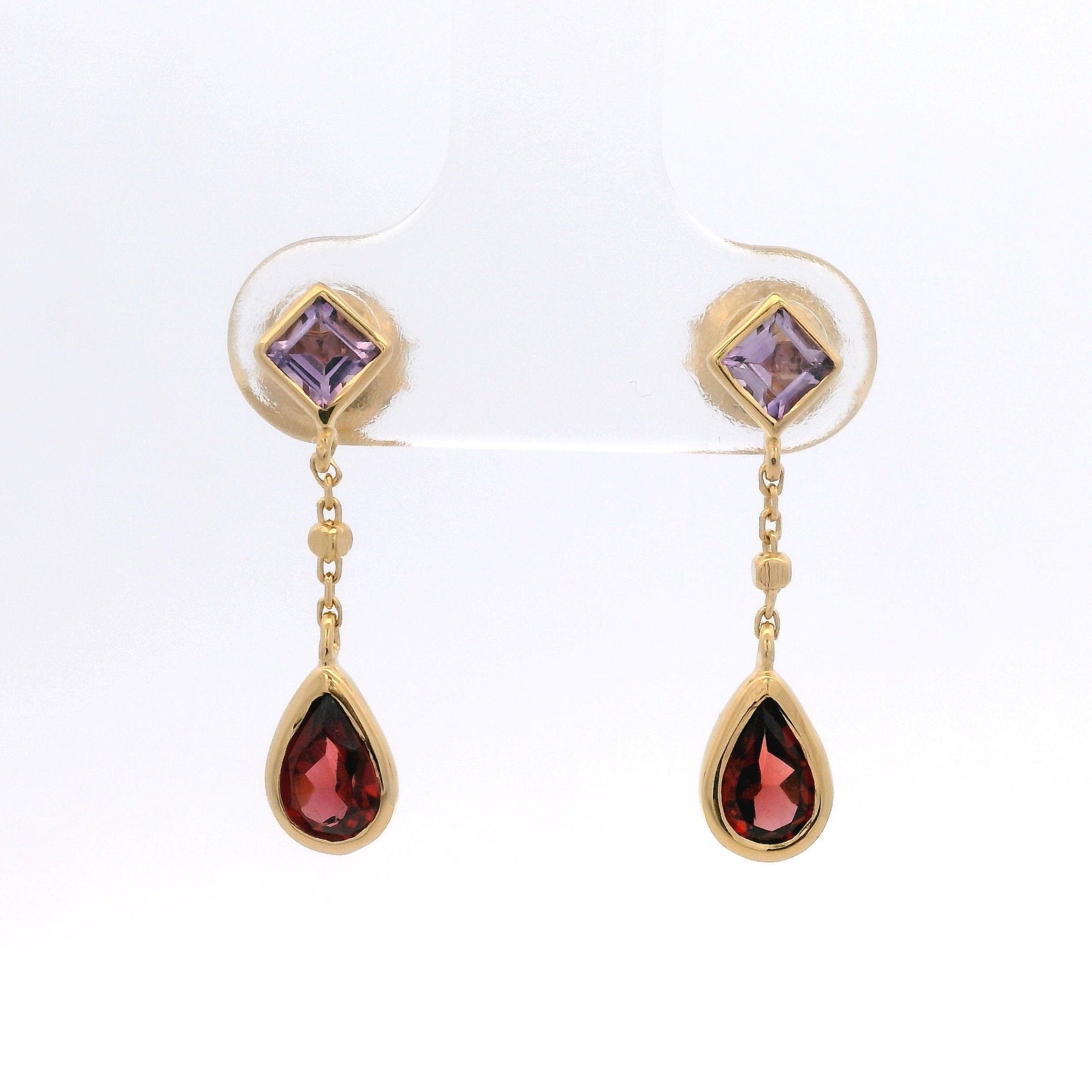 925YG RHOMBUS AMETHYST CHAIN DROP GARNET EARRINGS - C'SANTOS