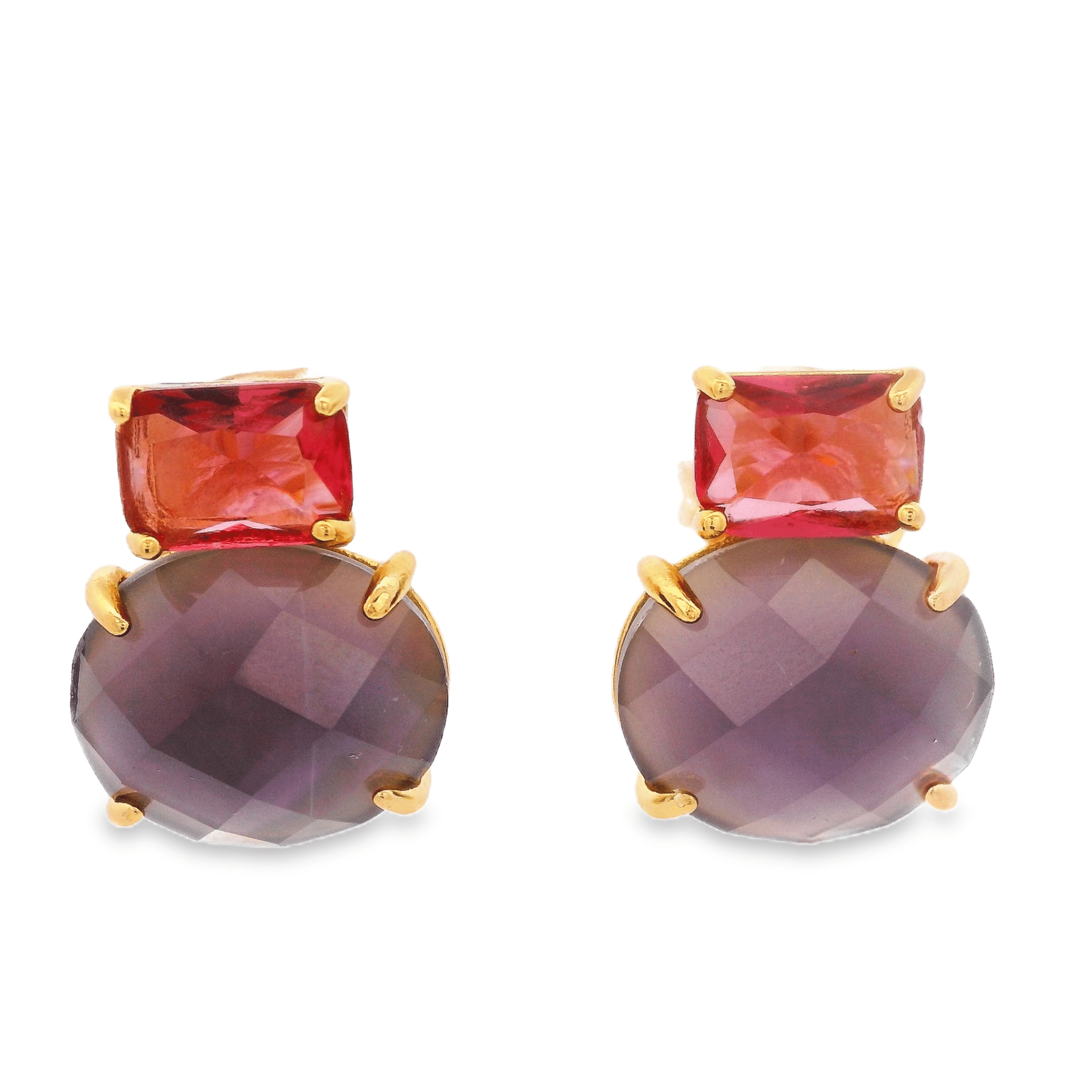 925YG SQUARE AND ROUND EARRINGS AMETHYST & CZ RED - C'SANTOS