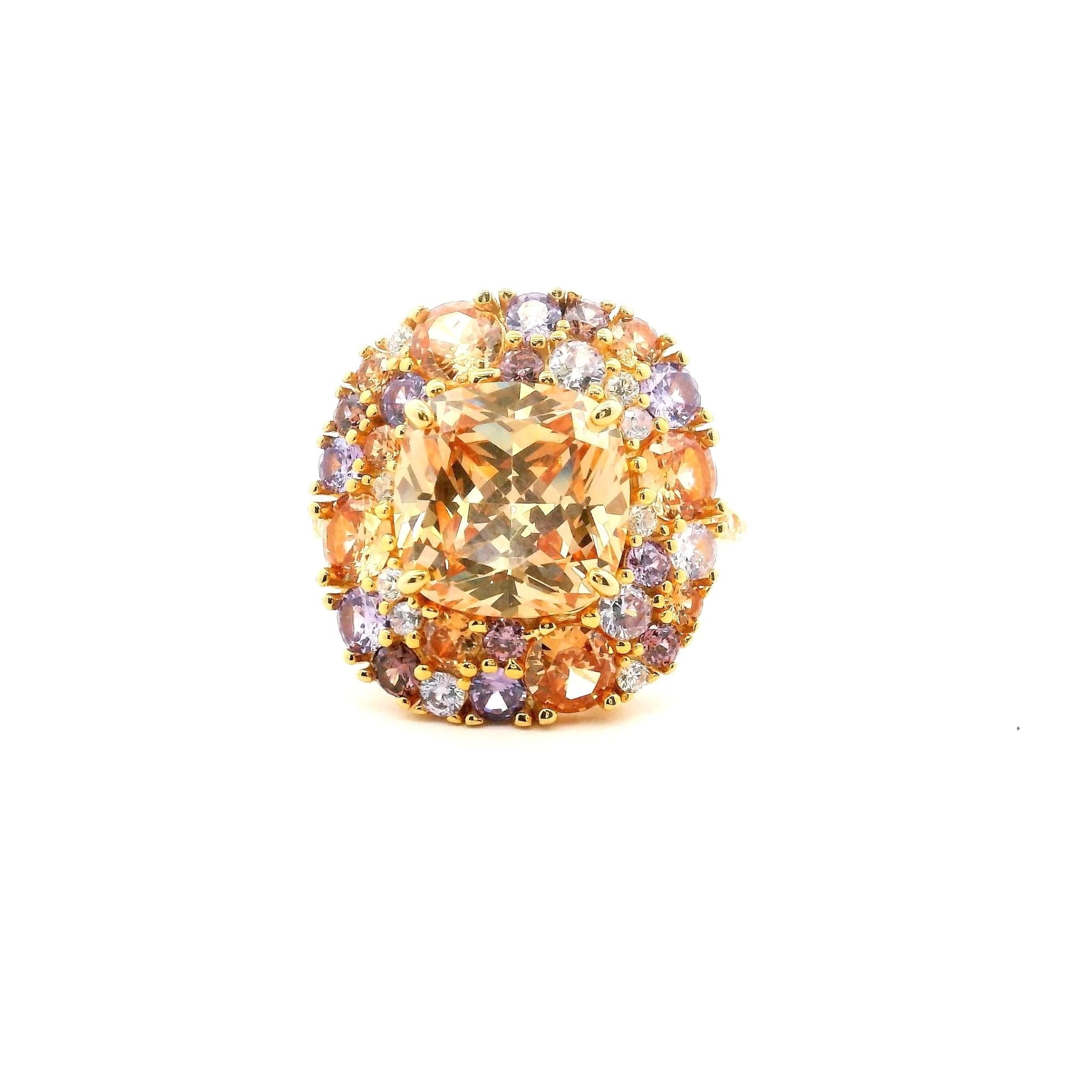925YG SQUARE CHAMPAGE WITH CLUSTER MULTICOLOR CZ RING - C'SANTOS