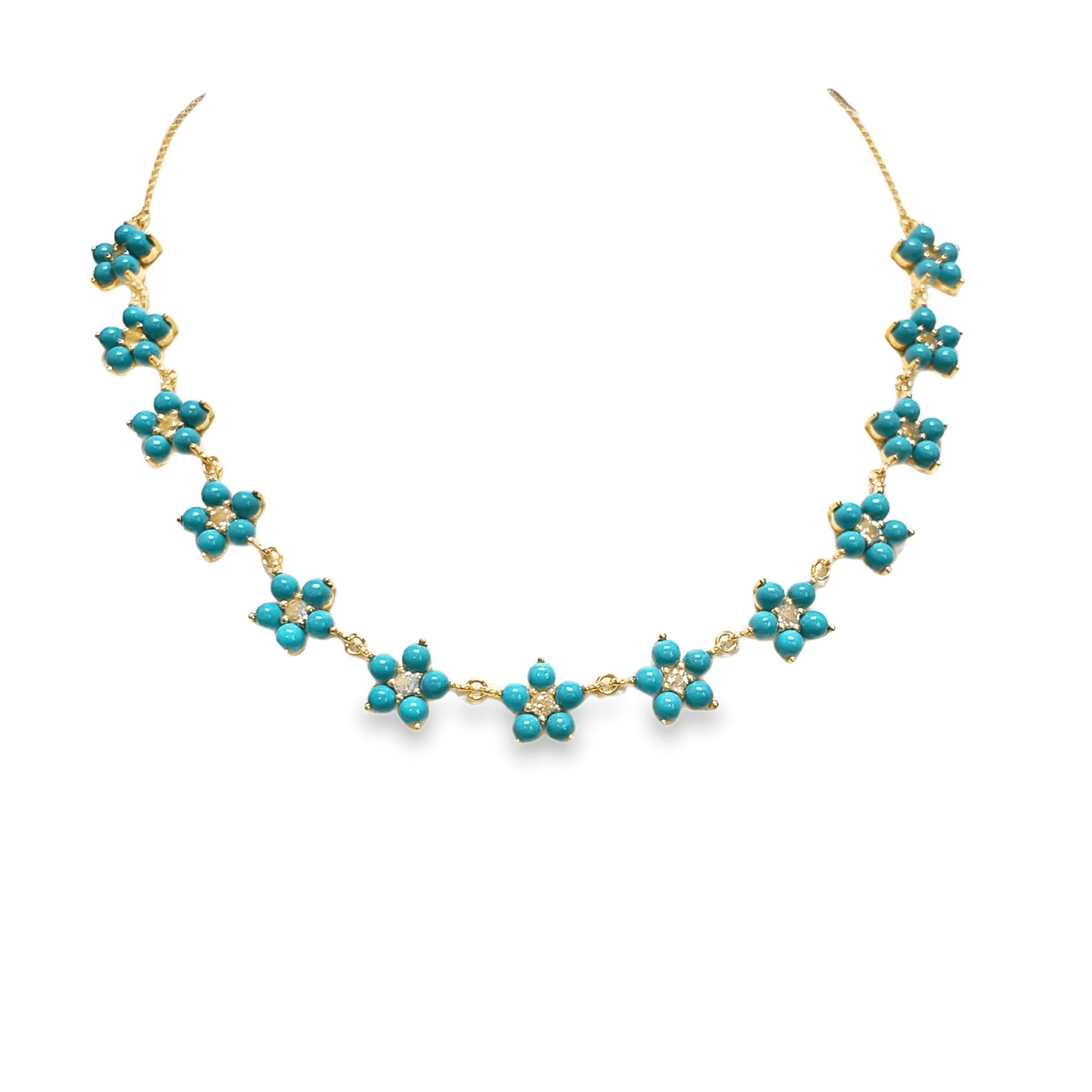 925YG STATION FLOWER 10MM TURQUOISE SYN CENTER TOPAZ WHITE NECKLACE - C'SANTOS