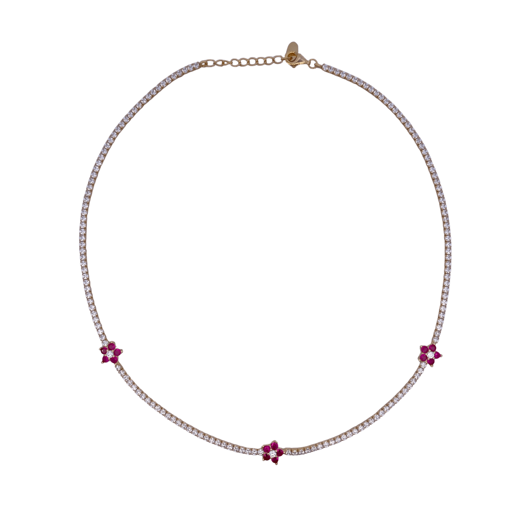 925YG TENNIS TRIPLE FLOWER CZ FUCHSIA NECKLACE - C'SANTOS