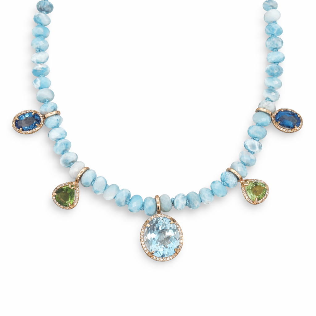 D0.81CT 14KY MULTI CHARM LARIMAR BEADS NECKLACE TURQUOISE LIGHT BLUE TOPAZ 17CT TOURMALINE 3CT LONDON BLUE TOPAZ 7CT