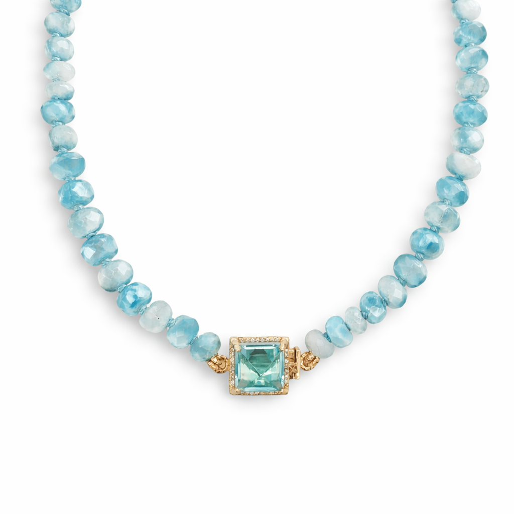 D0.81CT 14KY MULTI CHARM LARIMAR BEADS NECKLACE TURQUOISE LIGHT BLUE TOPAZ 17CT TOURMALINE 3CT LONDON BLUE TOPAZ 7CT